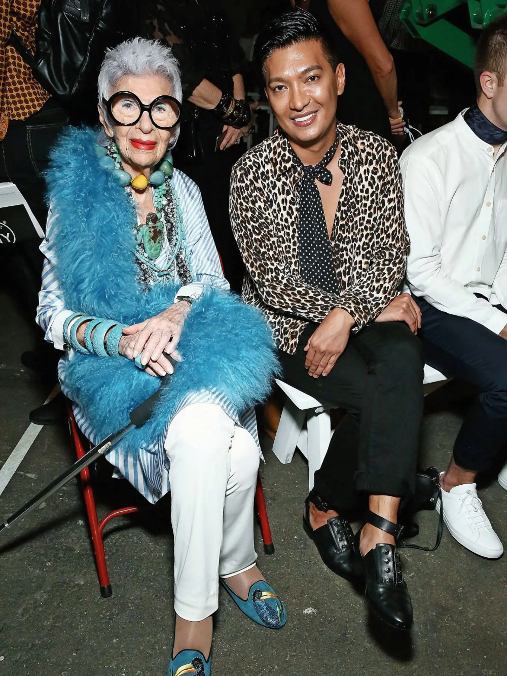 NEW YORK, NY - SEPTEMBER 09:  (L-R) Iris Apfel and blogger BryanBoy attend front row at Monse - September 2016 - New York Fashion Week - at Art Beam on September 9, 2016 in New York City.  (Photo by Astrid Stawiarz/Getty Images)