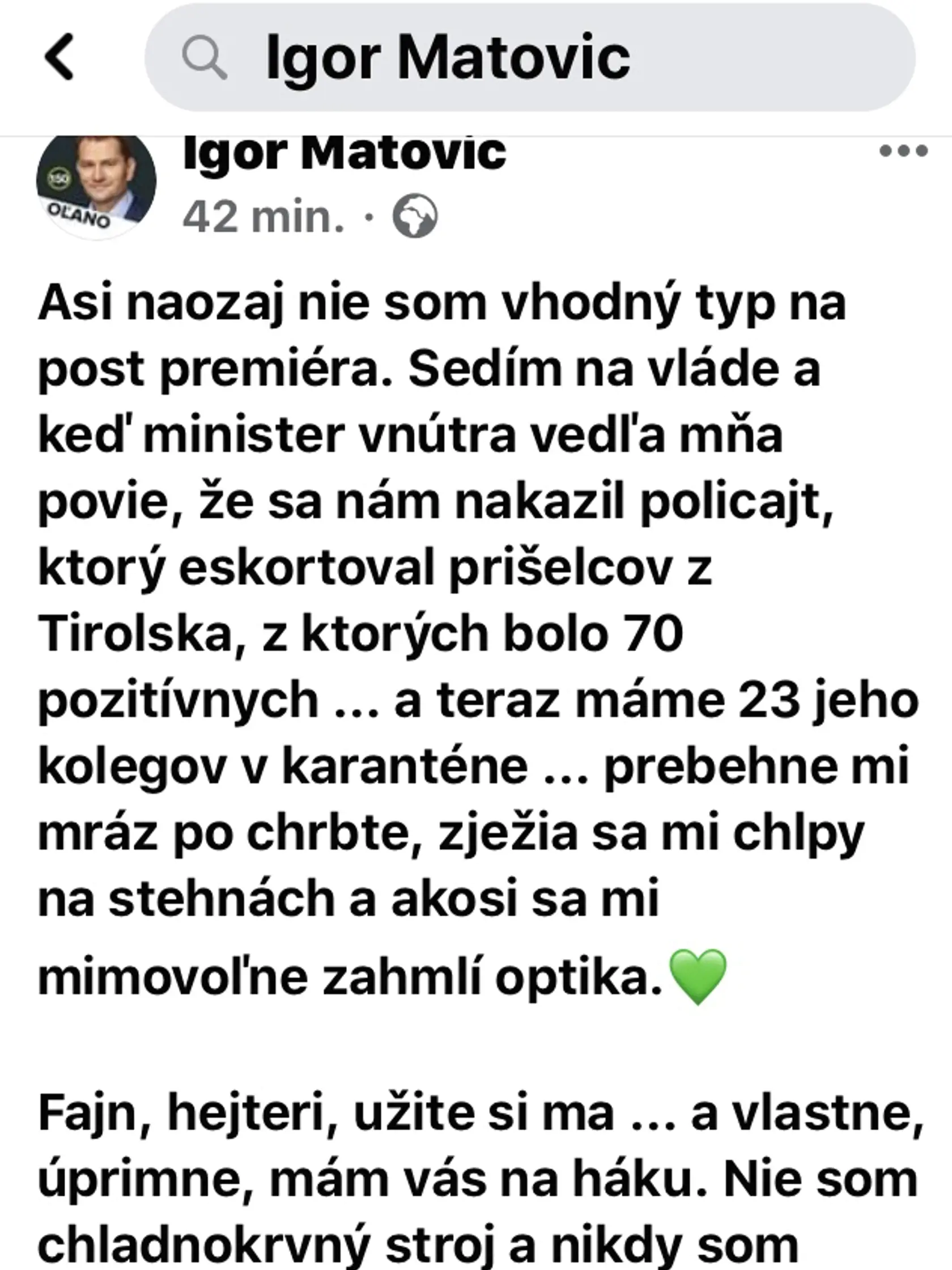 Dnešný status Igora Matoviča na sociálnej sieti.