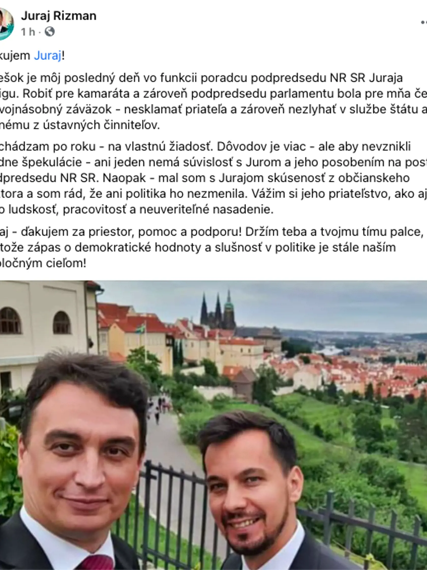 Rozlúčkový status Juraja Rizmana.