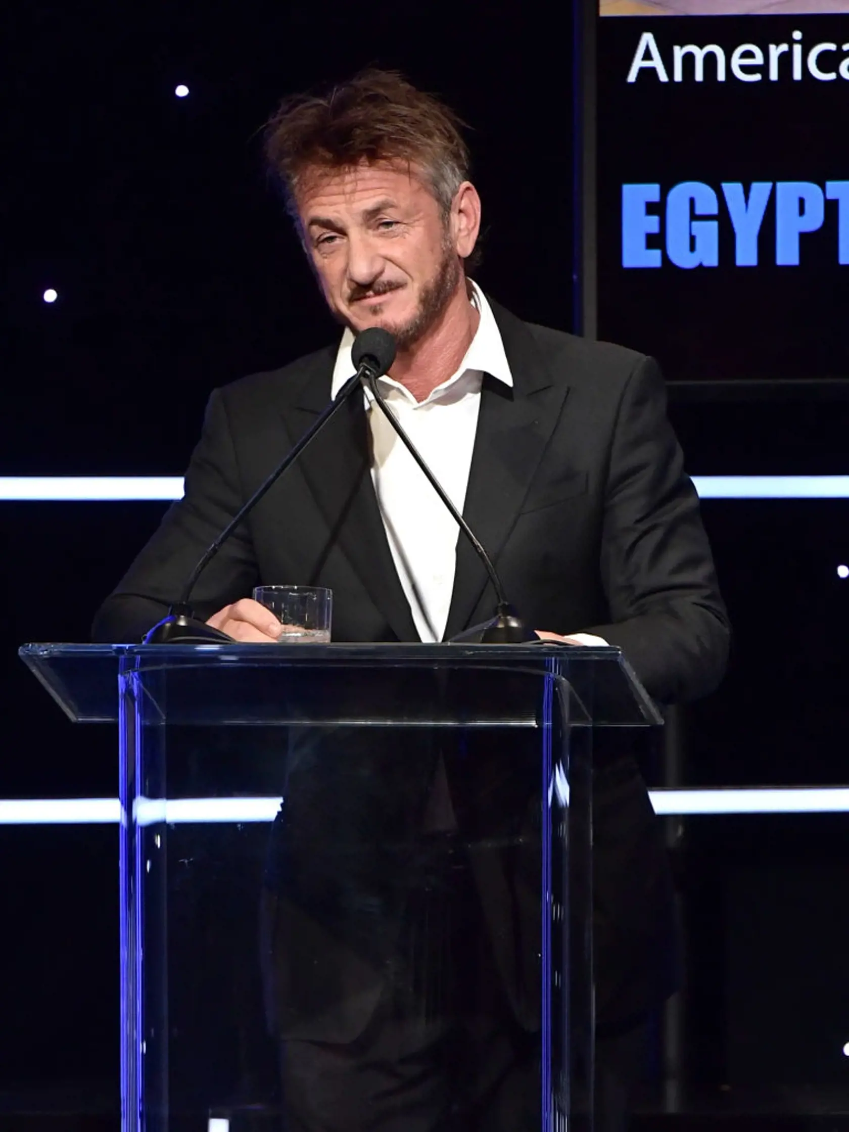 BEVERLY HILLS, CA - NOVEMBER 29:  Sean Penn speaks onstage during the 32nd American Cinematheque Award Presentation honoring Bradley Cooper at The Beverly Hilton Hotel on November 29, 2018 in Beverly Hills, California.  (Photo by Matt Winkelmeyer/Getty Images)