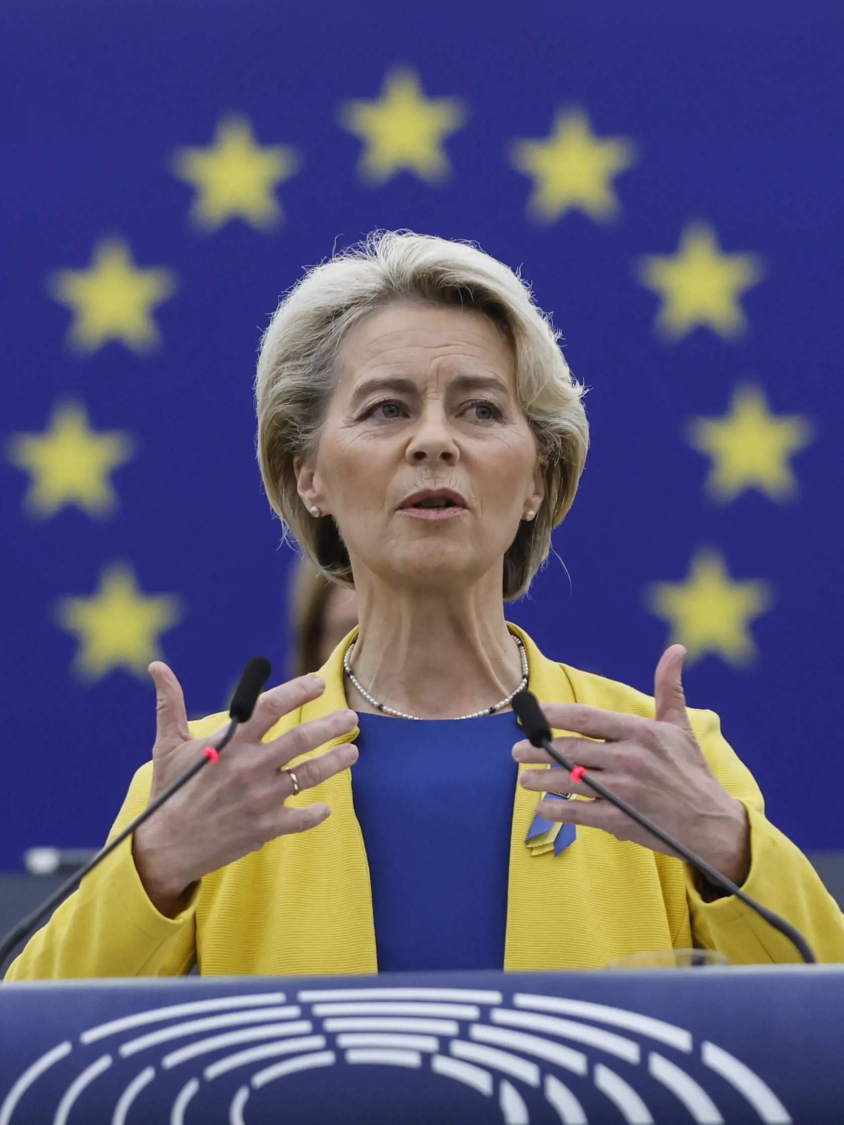 Ursula von der Leyenová hovorí o Ukrajine na pôde Európskeho parlamentu 14. septembra 2022 v Štrasburgu.