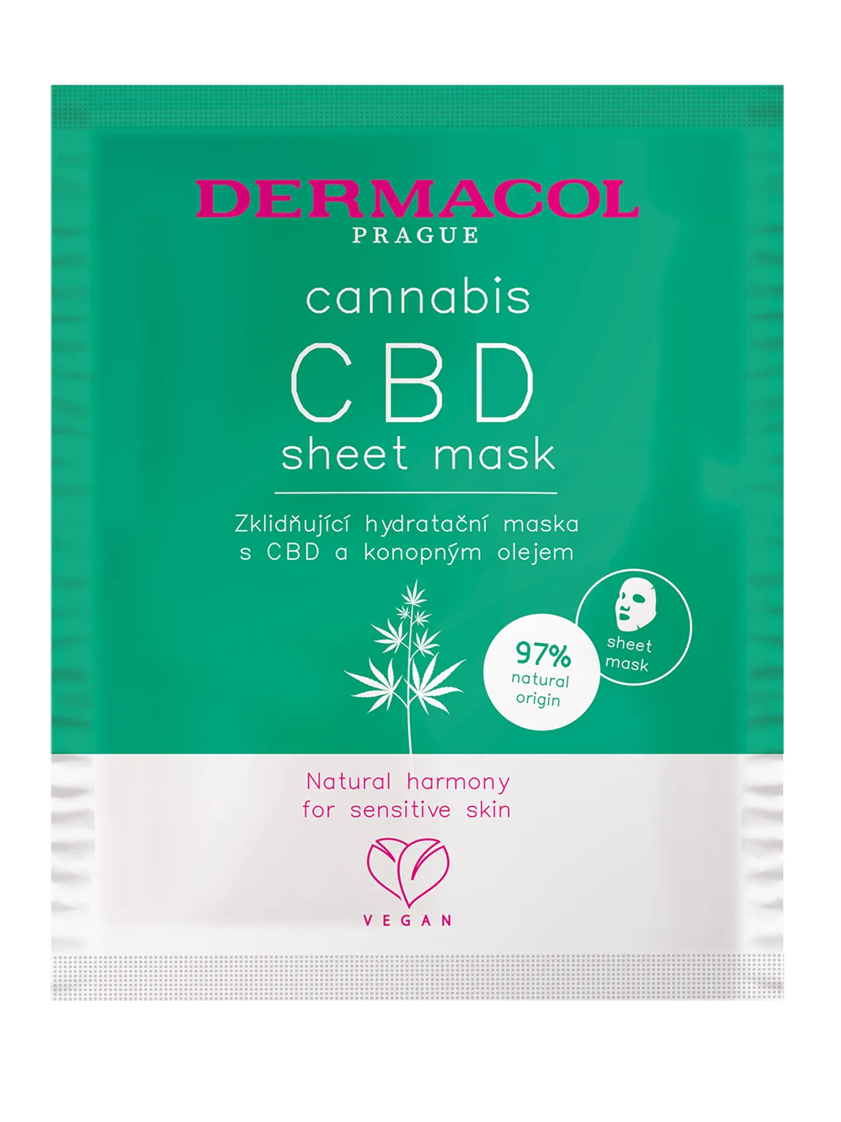 Upokojujúca textilná maska Cannabis s konopným olejom a CBD pleť osviežuje, obnovuje kožné bunky a zabraňuje predčasnému starnutiu, Dermacol, 3,79 €