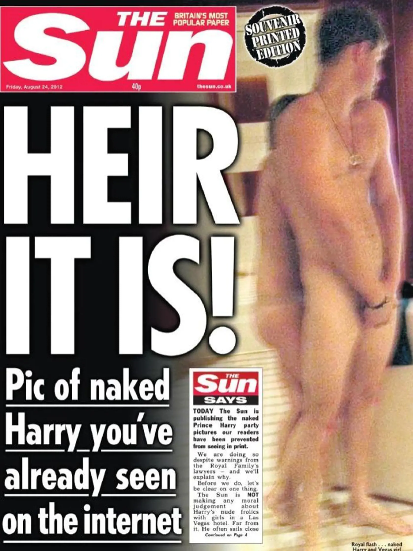 Nahý princ Harry na titulnej strane denníka The Sun.
