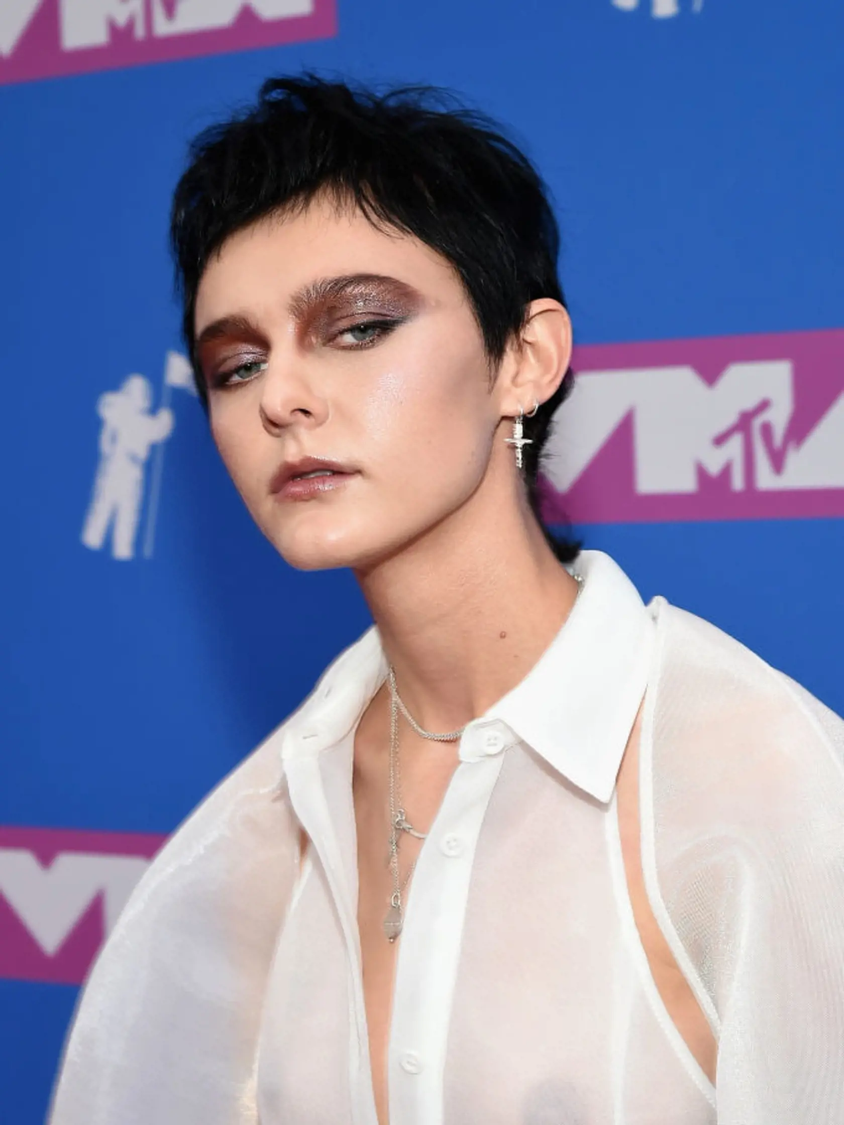 NEW YORK, NY - AUGUST 20:  (EDITORS NOTE: Image contains nudity) Morgan Saint attends the 2018 MTV Video Music Awards at Radio City Music Hall on August 20, 2018 in New York City.  (Photo by Mike Coppola/Getty Images for MTV)