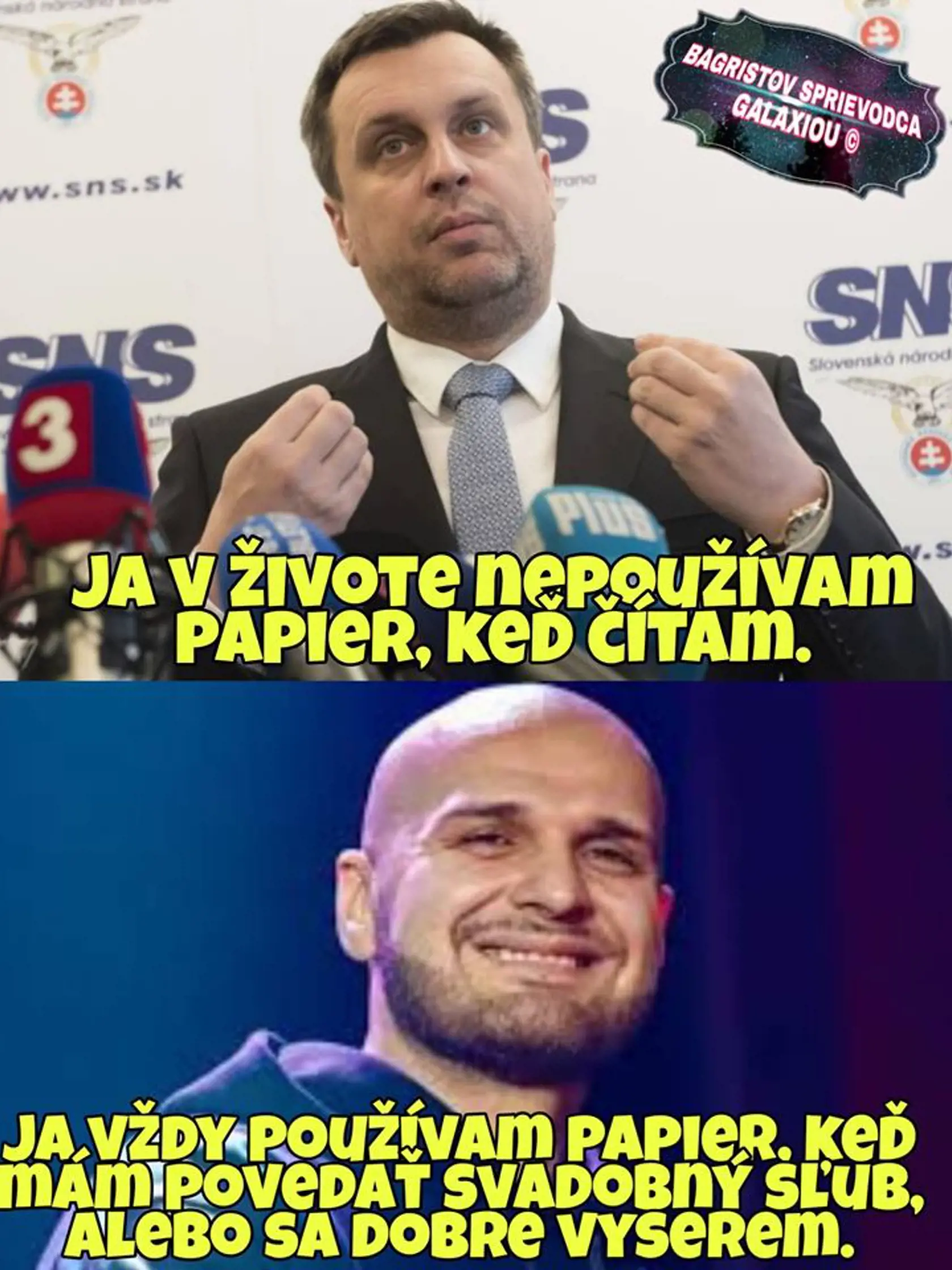 Tento vtip reaguje na to, že Rytmus čítal svadobný sľub Jasmíne Alagič z papiera. Satirici ho porovnávajú s Andrejom Danko.