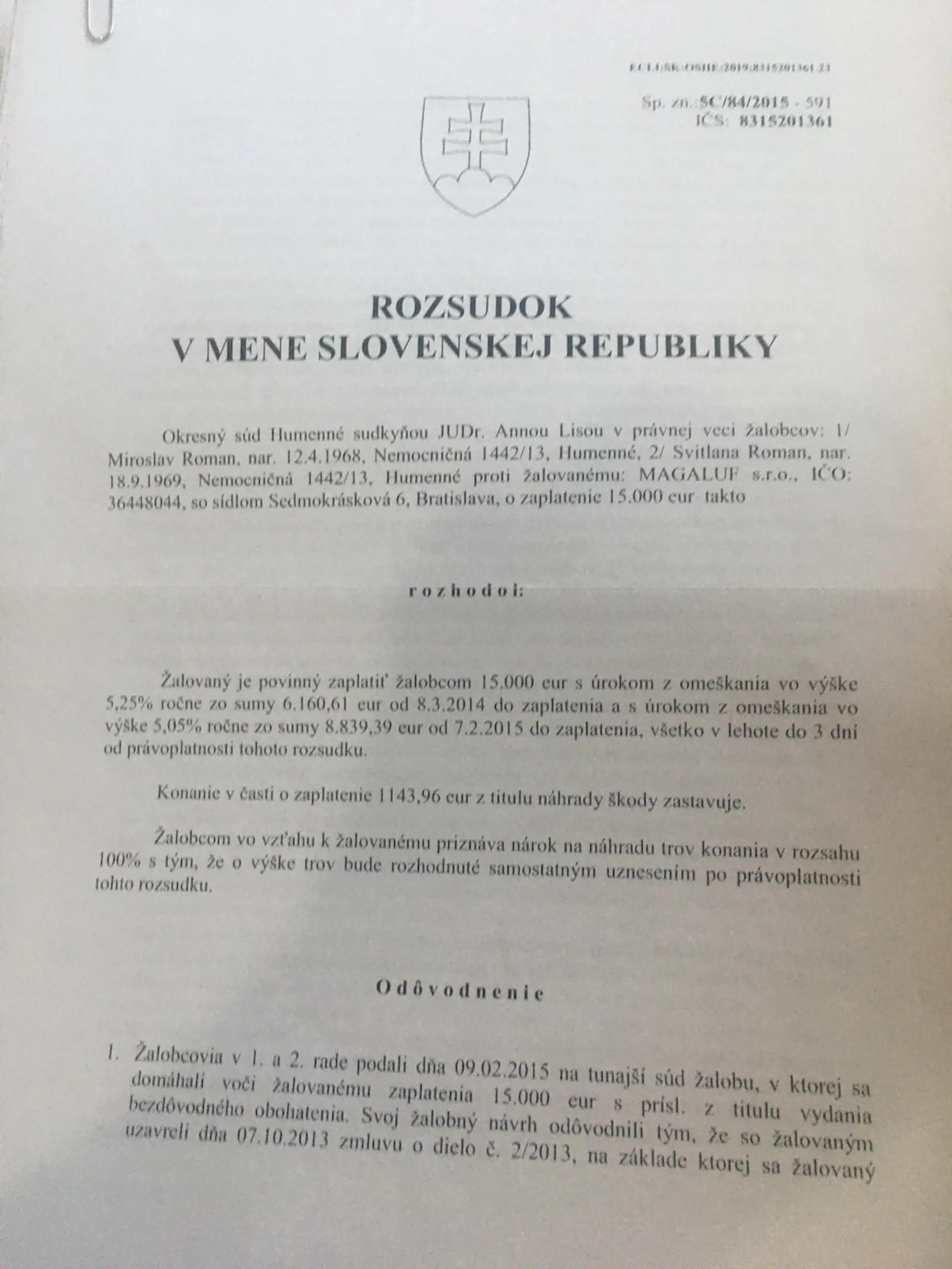 Rozsudok humenského súdu.