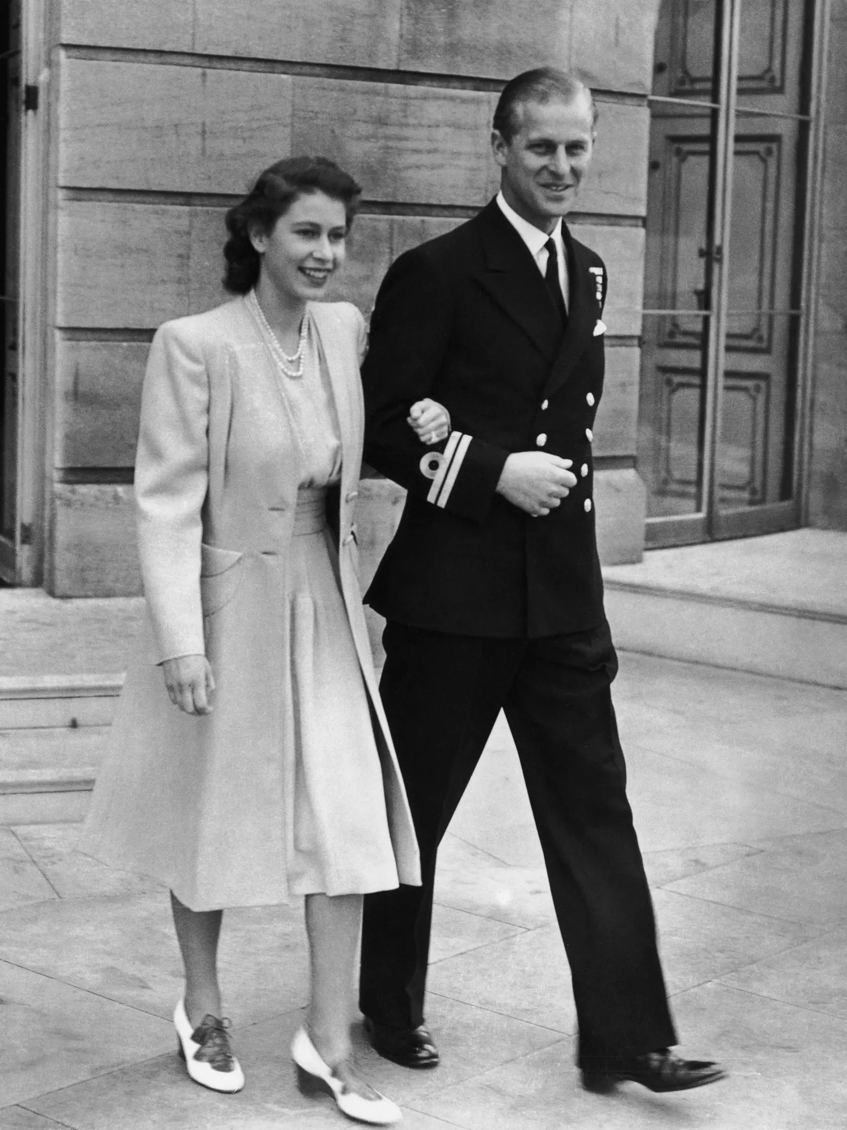 Princess Elizabeth (later Queen Elizabeth II) and naval Lieutenant Philip Mountbatten (later Duke of Edinburgh) photographed for the first time since the announcement of their engagement, 10th July 1947. (Photo by Central Press/Hulton Archive/Getty Images)