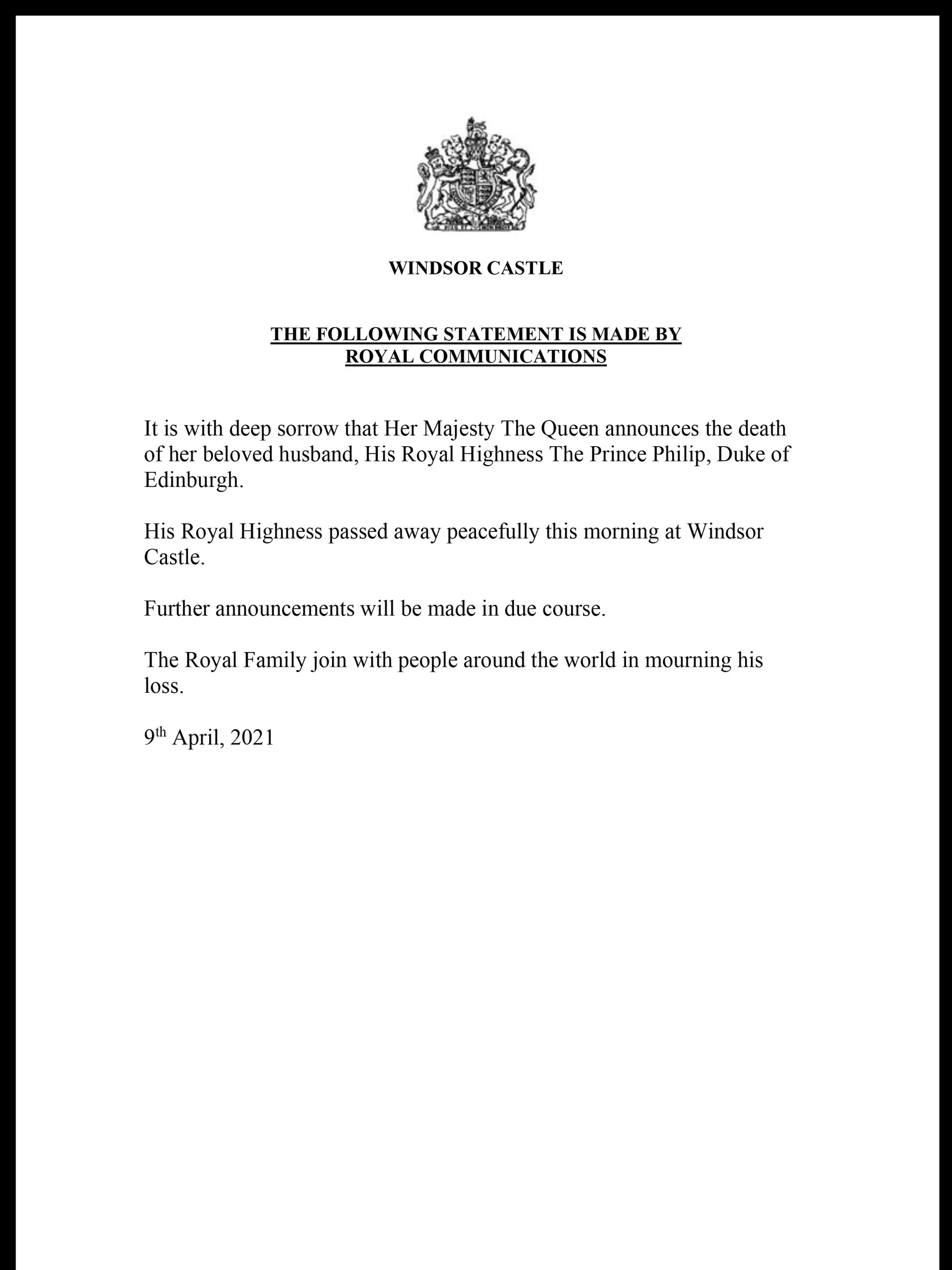 KK13 Londýn - Na snímke poskytnutej Buckinghamským palácom oficiálne oznámenie o úmrtí britského princa Philipa 9. apríla 2021. Britský princ Philip, manžel kráľovnej Alžbety II., zomrel v piatok vo veku 99 rokov. Oznámil to Buckinghamský palác.  "Jeho kráľovská výsosť zomrela dnes ráno pokojne na Windsorskom zámku," dodal palác s tým, že ďalšie informácie zverejnia v náležitom čase. FOTO TASR/AP
This handout from Buckingham Palace on Friday, April 9, 2021 shows the official announcement of the 