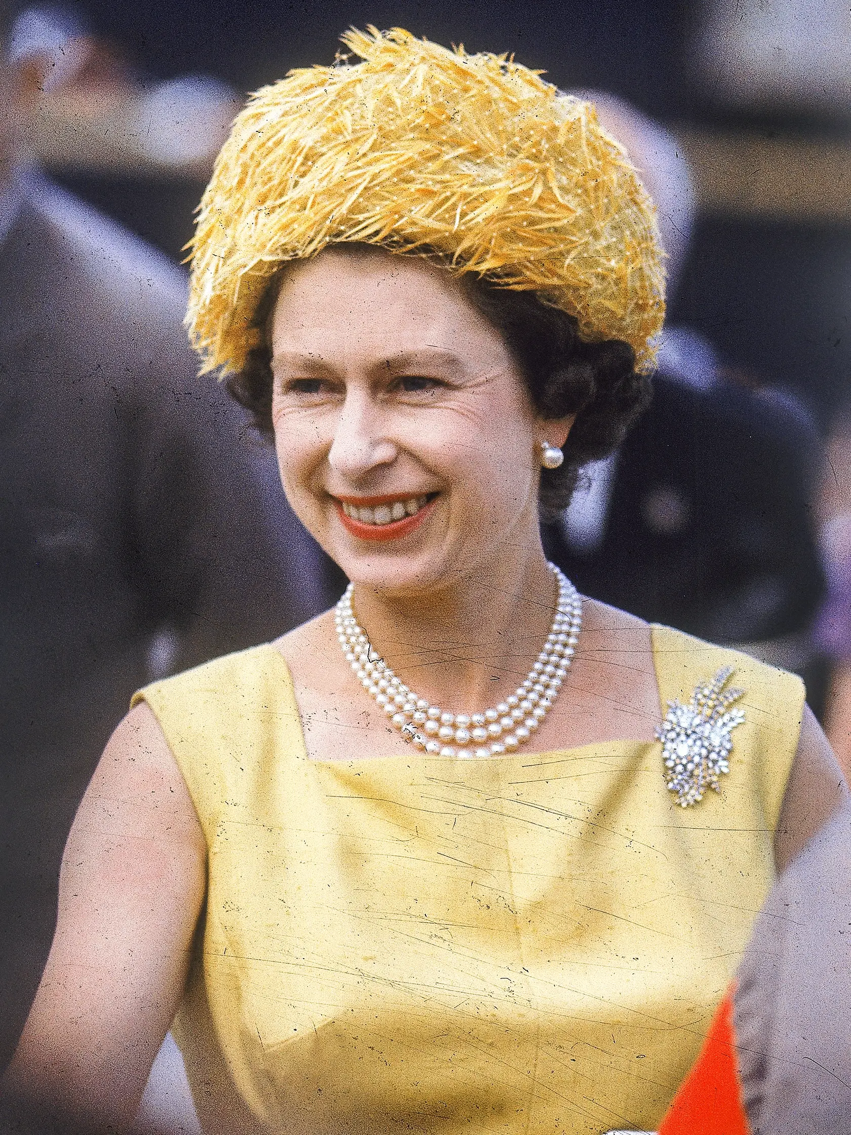 Queen Elizabeth II looking radiant in yellow while in St. Kitts during a five week tour of the West Indies in 1966.     Date: 1966,Image: 118978041, License: Rights-managed, Restrictions: , Model Release: no
