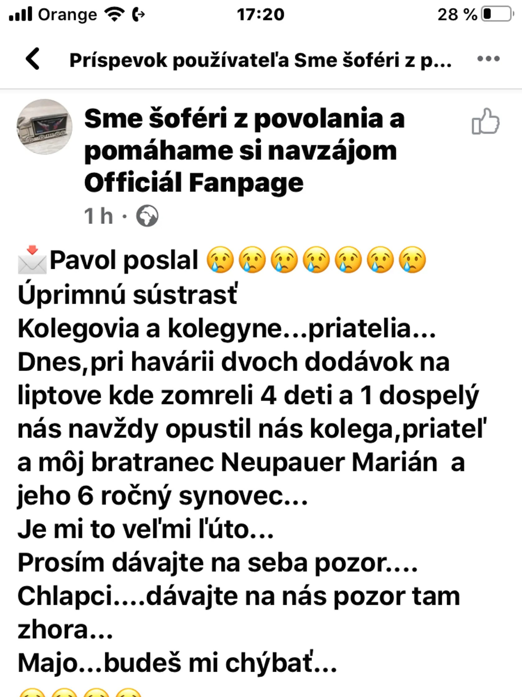 Sústrasť vyjadrená rodine kolegu a ďalším pozostalým.