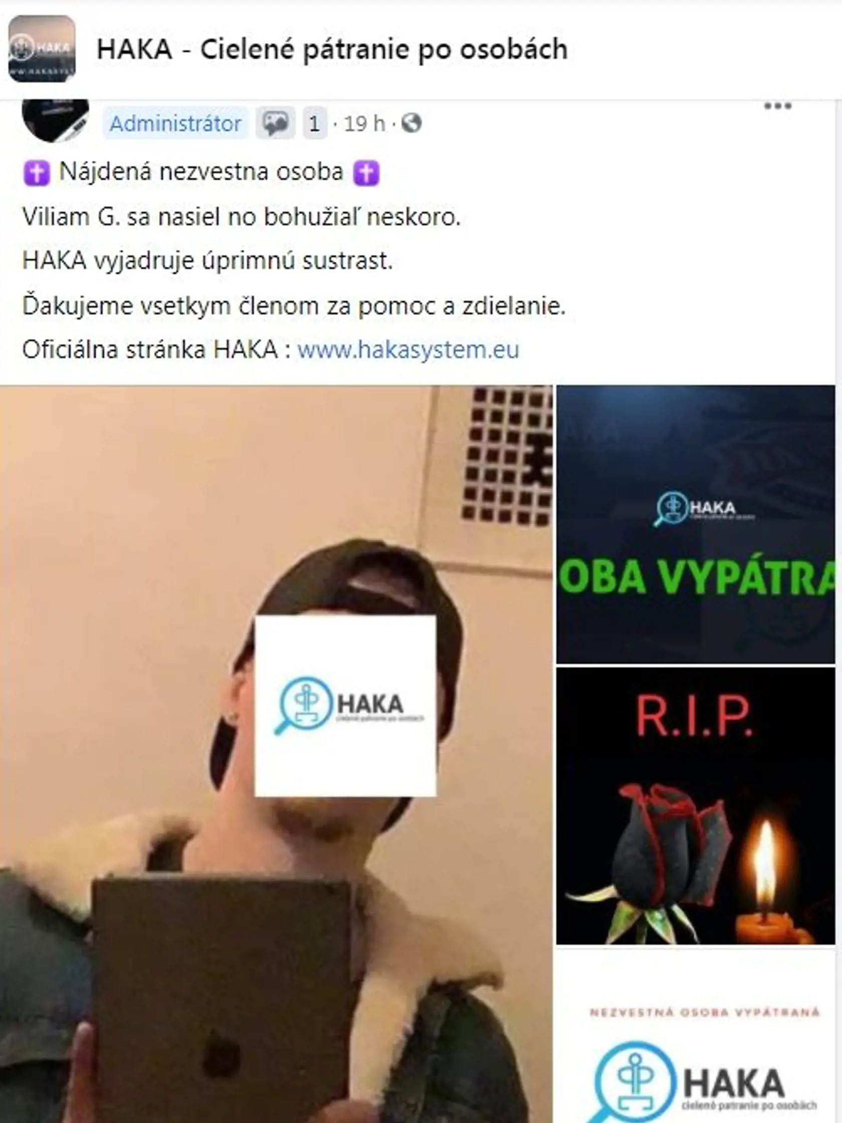 Portál HAKA informoval o nájdení Viliama.