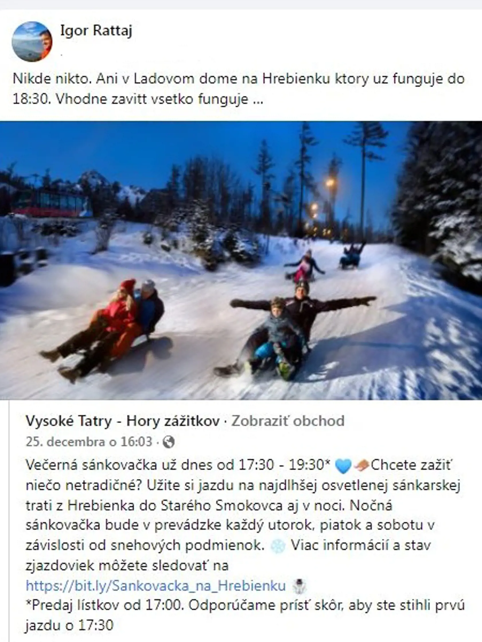 Aj Igor Rattaj pozýva hostí na večernú sánkovačku.
