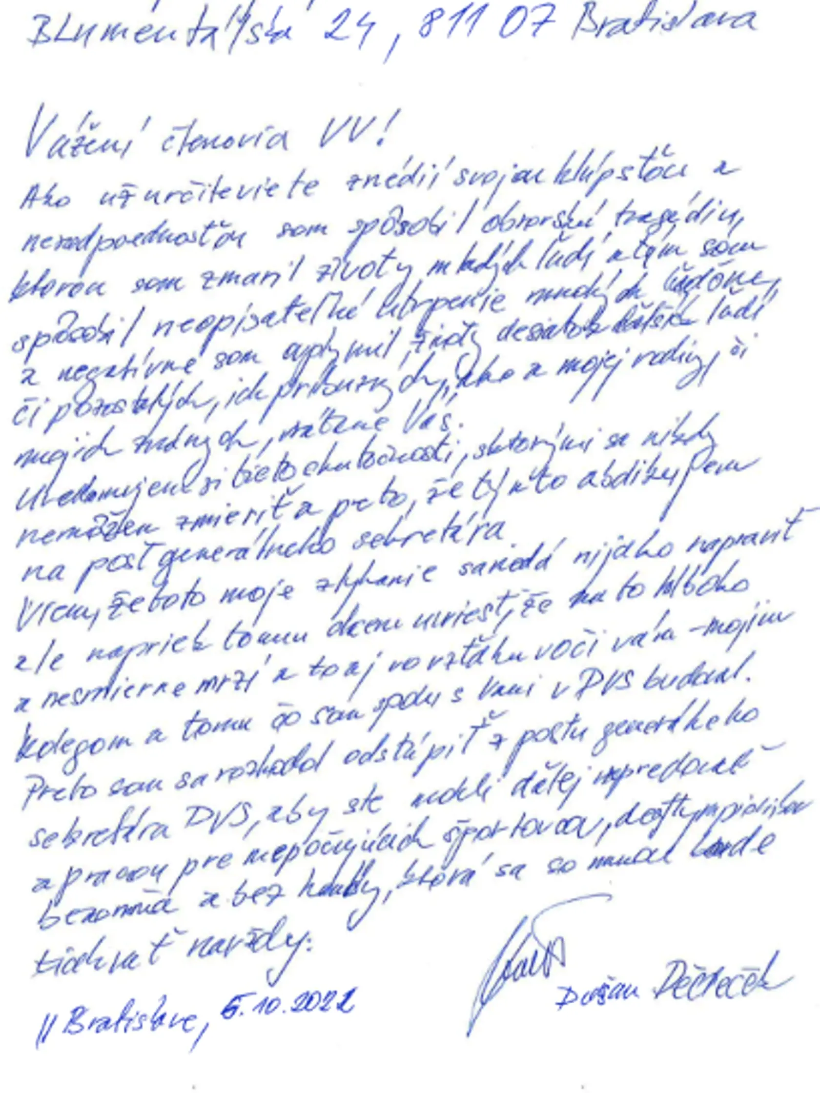 Takto vyzerá list, ktorý poslal Dušan Dědeček Deaflympijskému výboru a v ktorom si sypal popol na hlavu.