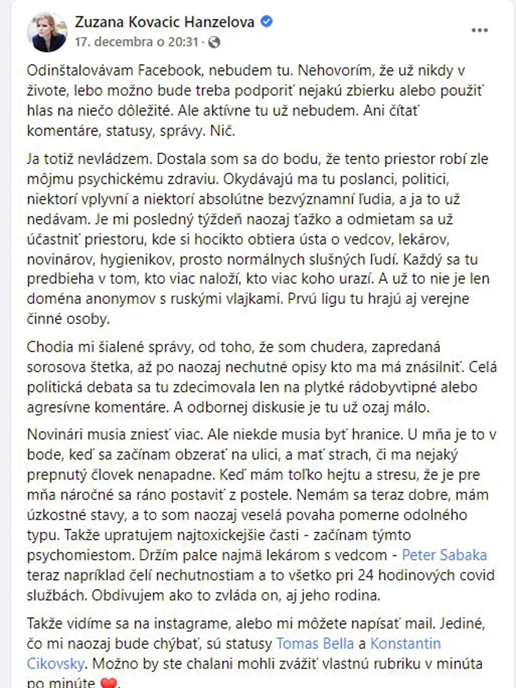Kovačič Hanzelová písala o tom, že opúšťa Facebook, krátko pred Vianocami.