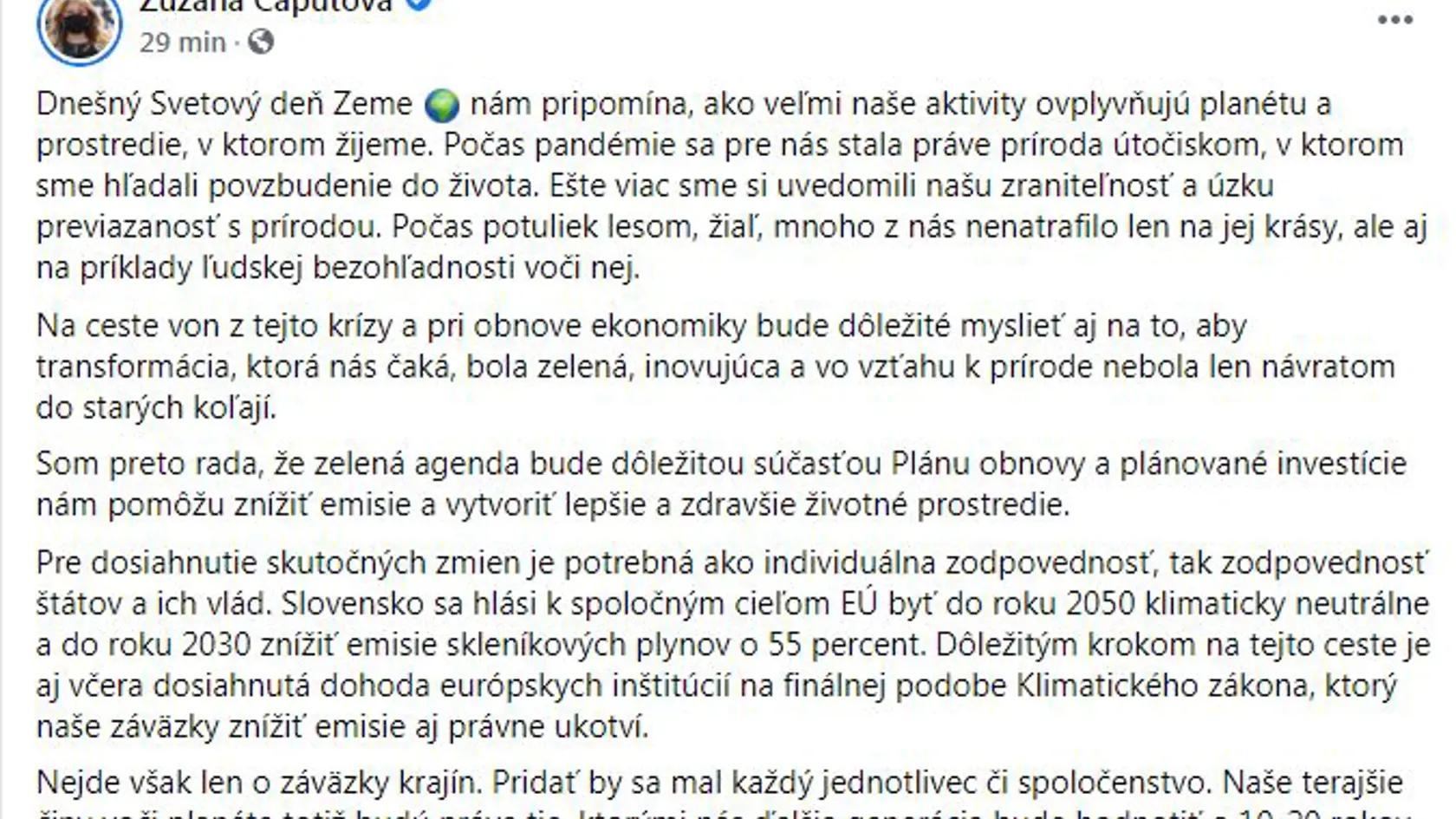 Status prezidentky Zuzany Čaputovej k dnešnému Dňu Zeme.