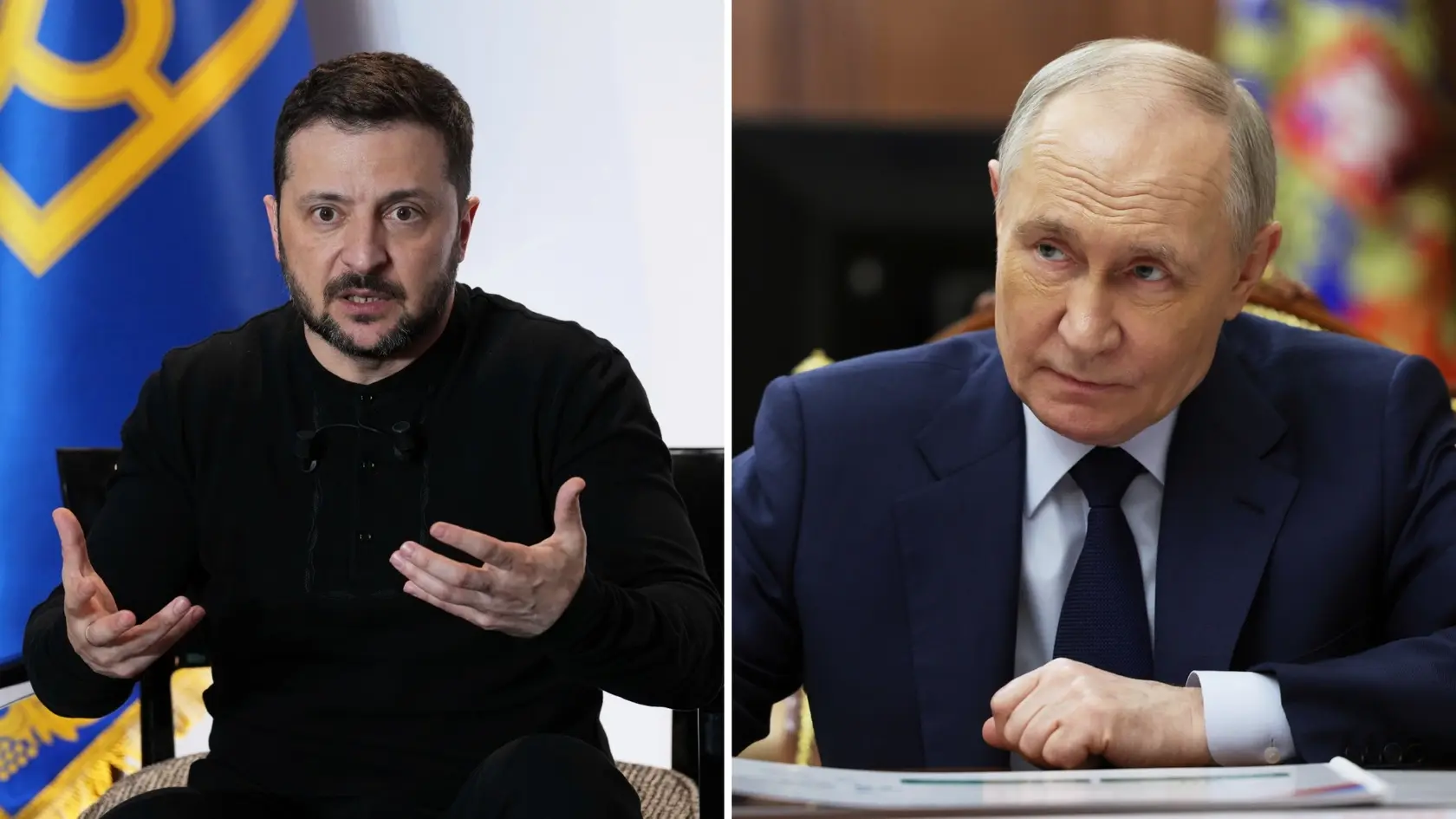 Ukrajinský prezident Volodymyr Zelenskyj a ruský prezident Vladimir Putin.