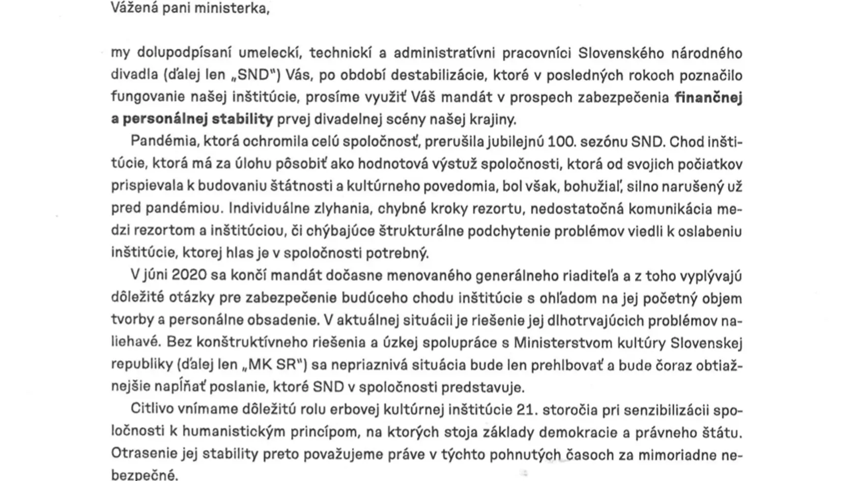 Výzva Slovenského národného divadla, ktorou chcú zamestnanci zabezpečiť výberové konanie.