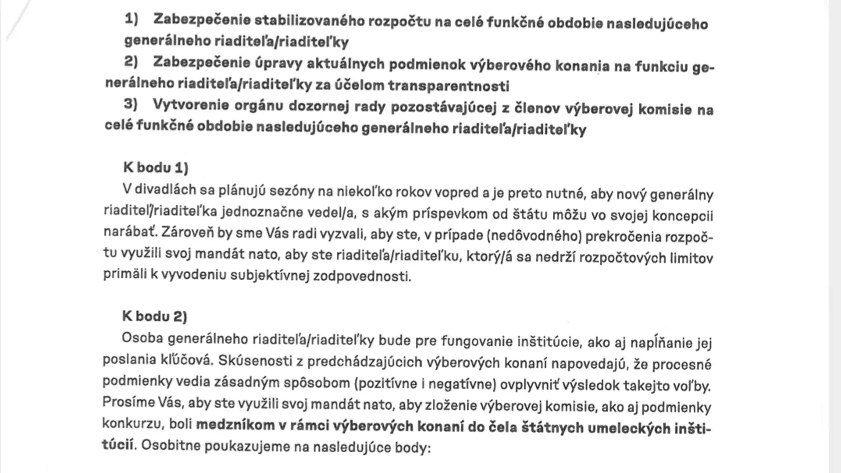 Výzva Slovenského národného divadla, ktorou chcú zamestnanci zabezpečiť výberové konanie.