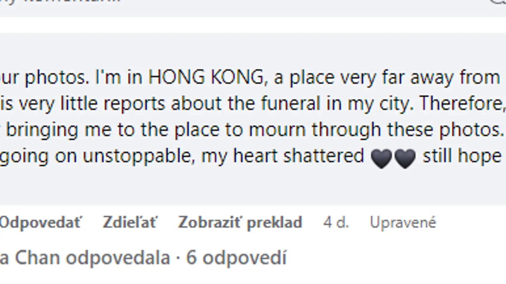Ozvala sa aj fanúšička Patrície z ďalekého Hongkongu, smrť mladej sopranistky ju hlboko zasiahla.