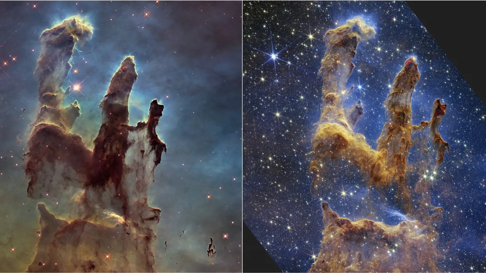 Na kombosnímke poskytnutej americkým Národným úradom pre letectvo a vesmír (NASA) 19. októbra 2022 sú Stĺpy stvorenia ako súčasť Orlej hmloviny zachytené vesmírnym teleskopom Jamesa Webba v takmer infračervenom svetle (vpravo) a vľavo Stĺpy stvorenia zachytené Hubblovým vesmírnym ďalekohľadom v roku 2014.