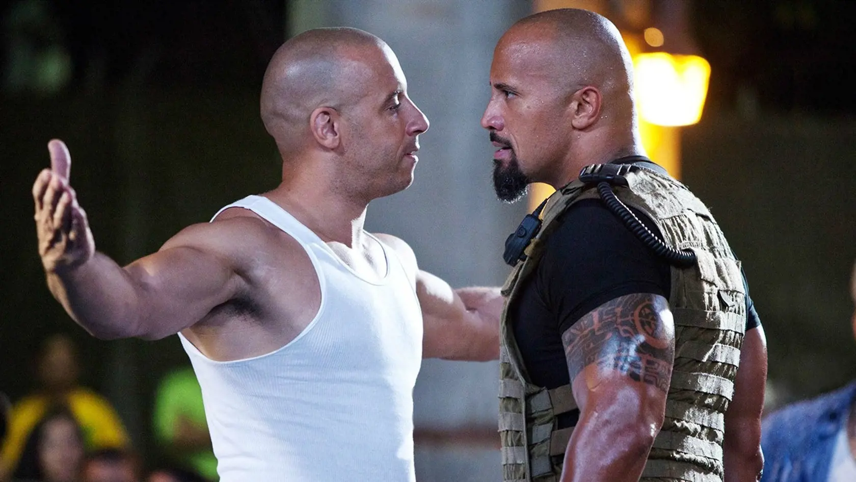 Dvaja sexy plešivci v akčnom filme: Vin Diesel, vľavo, a Dwayne Johnson.