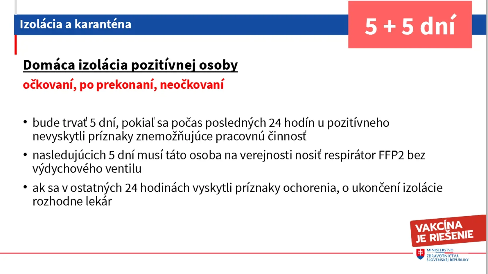 Izolácia sa skráti z desať na 5 dní, ďalších päť dní bude nevyhnutné nosiť respirátor FFP2.