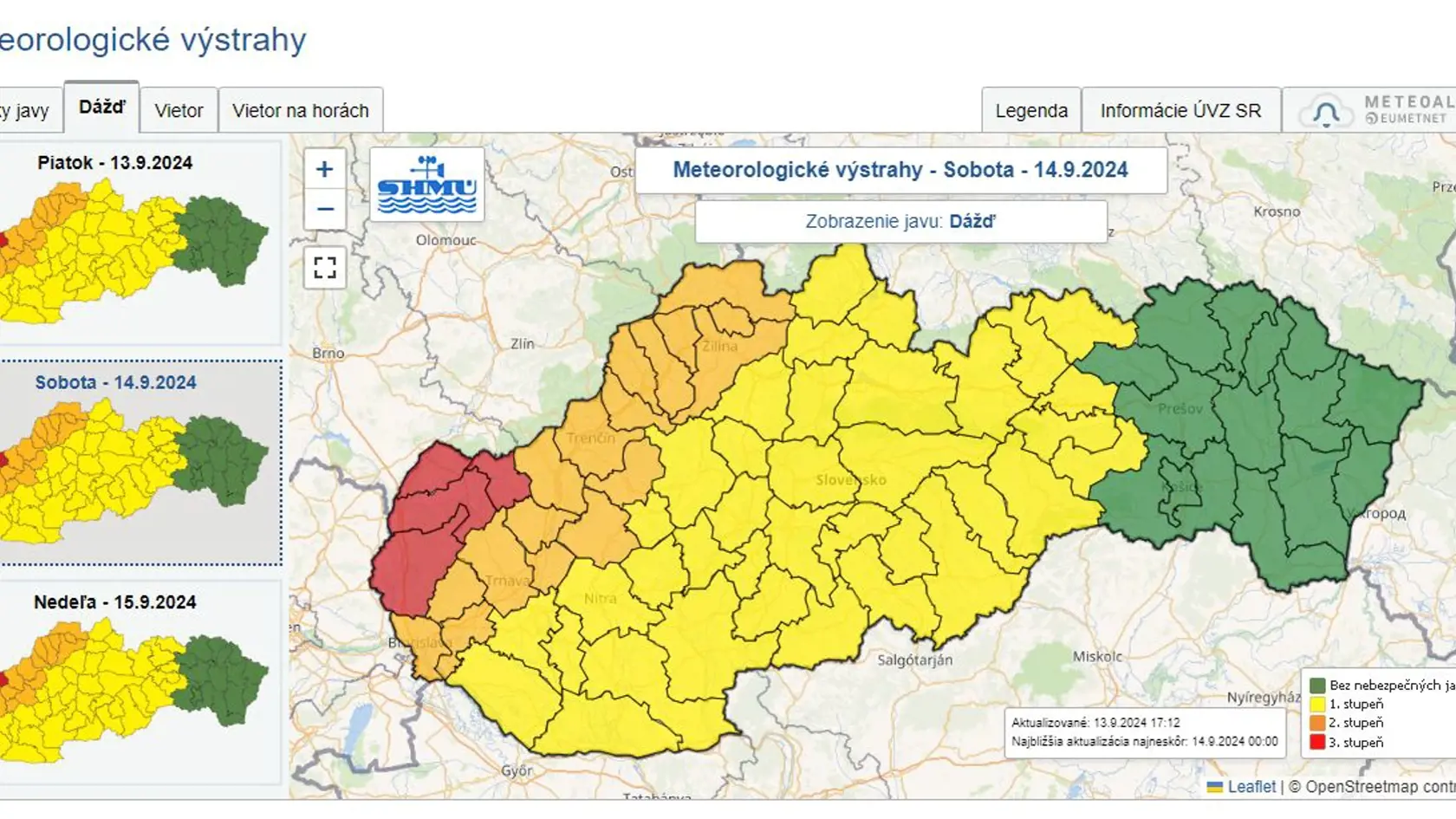 Na západnom a už aj strednom Slovensku majú byť v sobotu (14. 9.) rozsiahlejšie a výdatnejšie zrážky. Očakáva to Slovenský hydrometeorologický ústav (SHMÚ), ktorý o tom informuje na sociálnej sieti. Na krajný severovýchod podľa neho zrážky v piatok dorazia v najbližších hodinách.