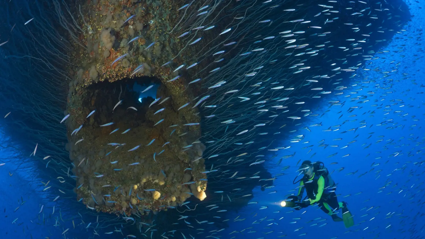 Diver at Anchor Hawse Hole at Bow of USS Saratoga, Marshall Islands, Bikini Atoll, Micronesia, Pacific Ocean