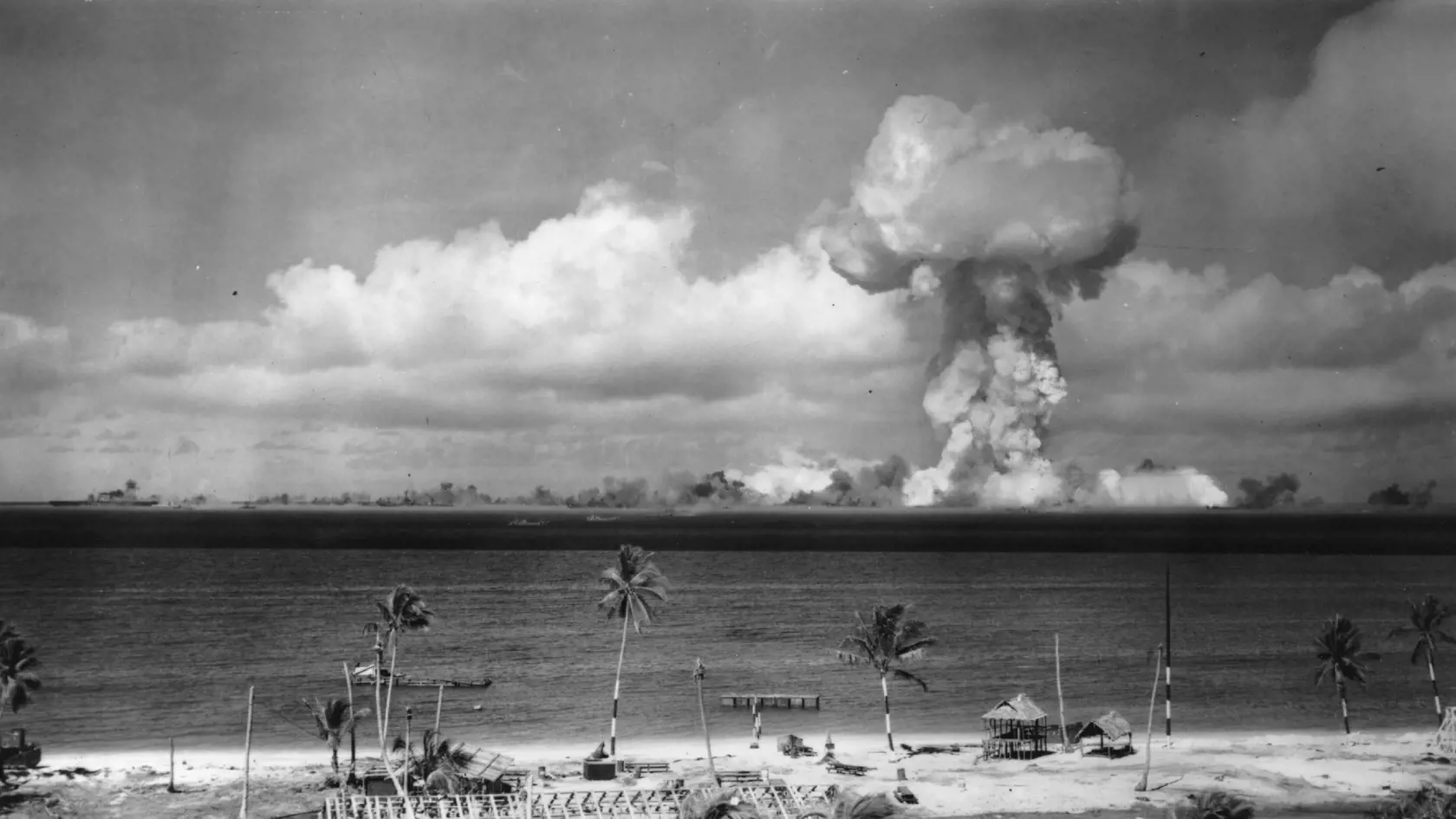 July 1946:  A mushroom cloud forms after the initial Atomic Bomb test explosion off the coast of Bikini Atoll, Marshall Islands.  (Photo by Keystone/Getty Images)