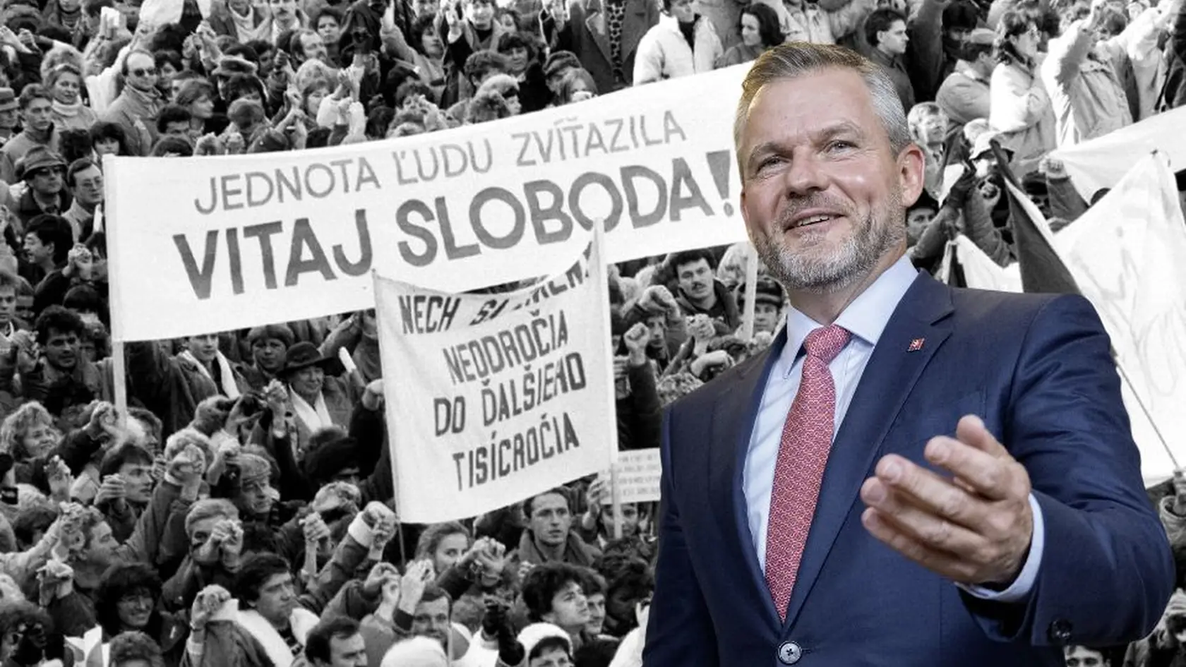 Na fotokoláži prezident Peter Pellegrini, v pozadí desaťtisíce obyvateľov Banskej Bystrice a okolia vyjadrili 27.novembra 1989 na Námestí SNP v Banskej Bystrici svoju podporu generálnemu štrajku.