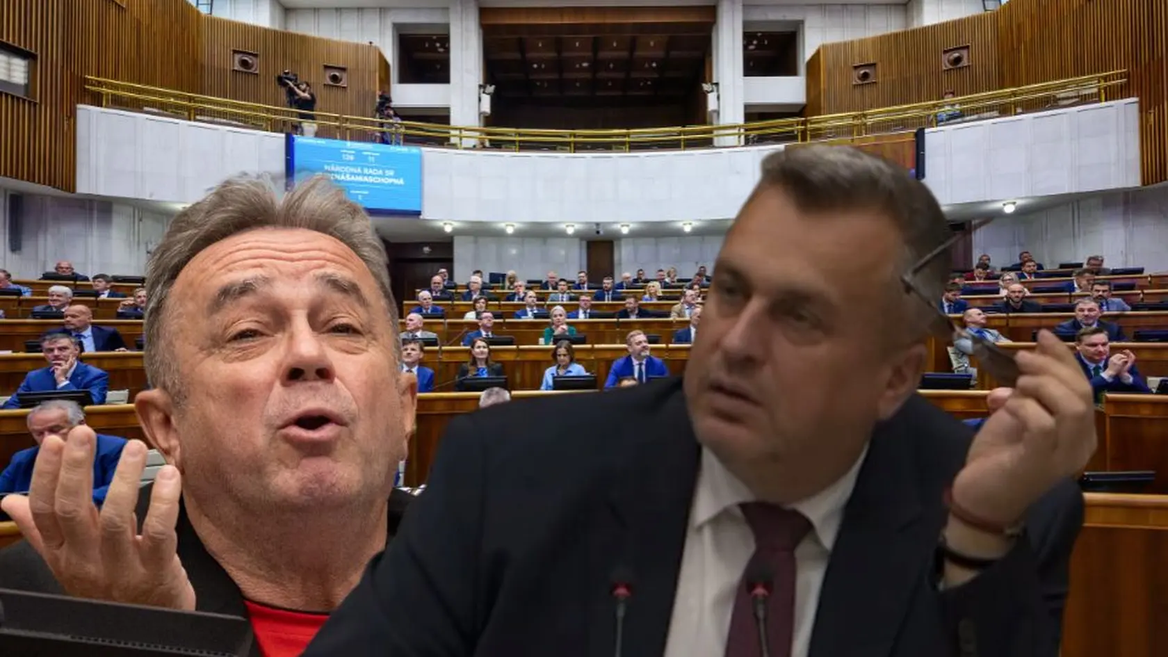 Na fotokoláži zľava Jozef Pročko a Andrej Danko. V pozadí rokovacia sála parlamentu počas mimoriadnej schôdzi o transakčnej dani v utorok 10. júna 2025.