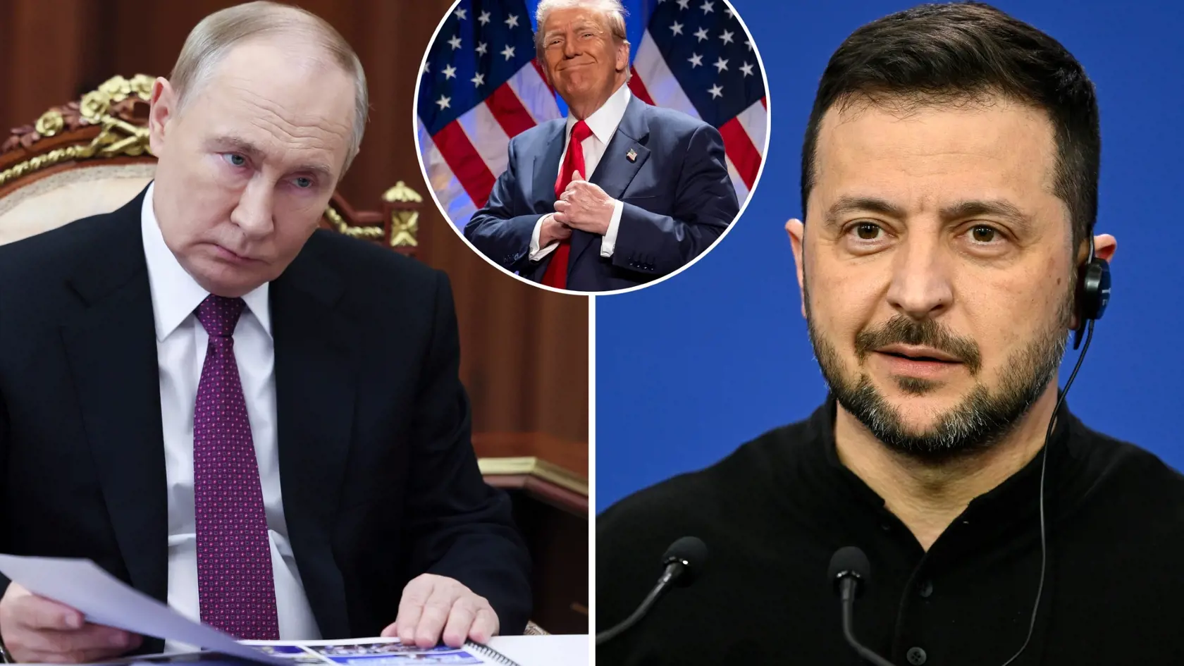 Ruský prezident Vladimir Putin, novozvolený prezident USA Donald Trump a ukrajinský prezident Volodymyr Zelenskyj.