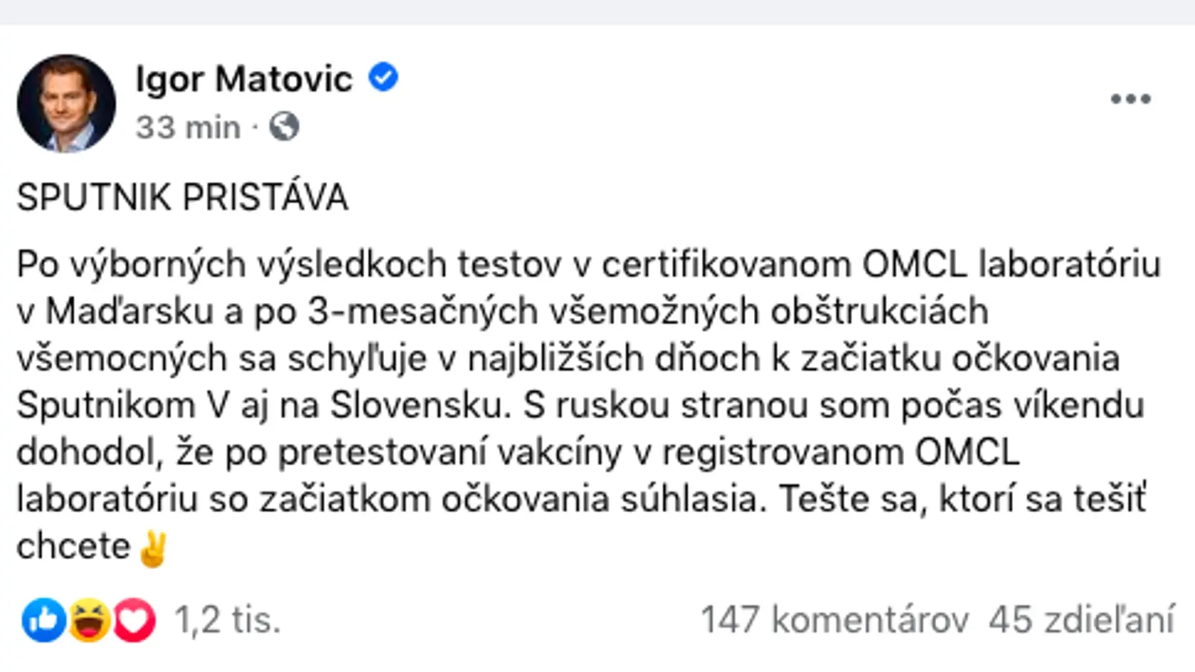 Schyľuje sa k očkovaniu Sputnikom V.