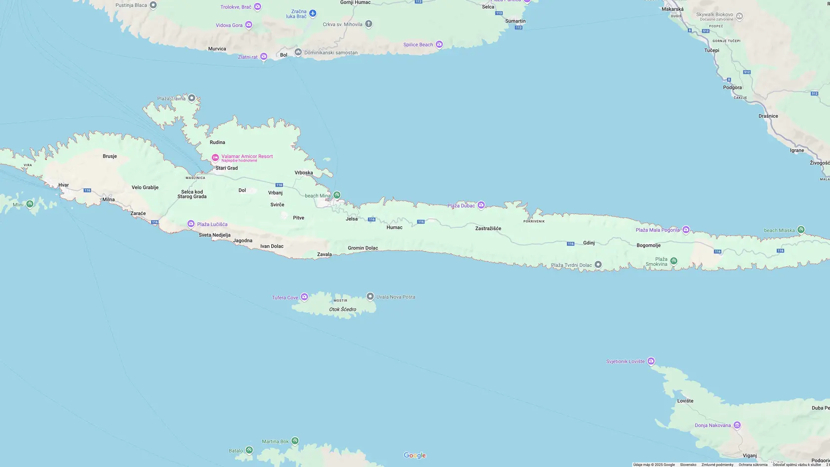 Ostrov Hvar na mape.