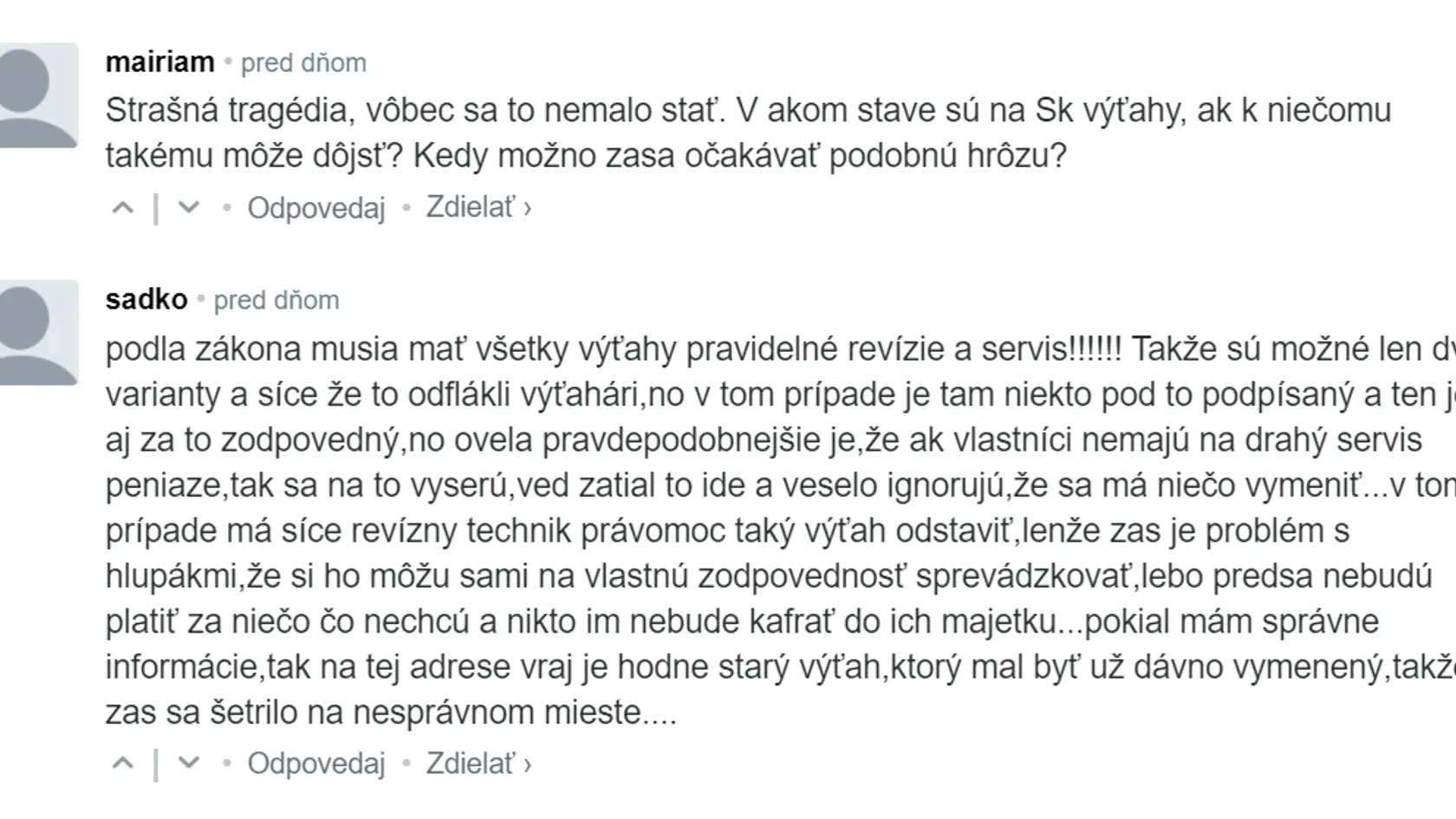 Svoje nepríjemné príhody s výťahmi nám Slováci opísali v komentároch pod článkom.