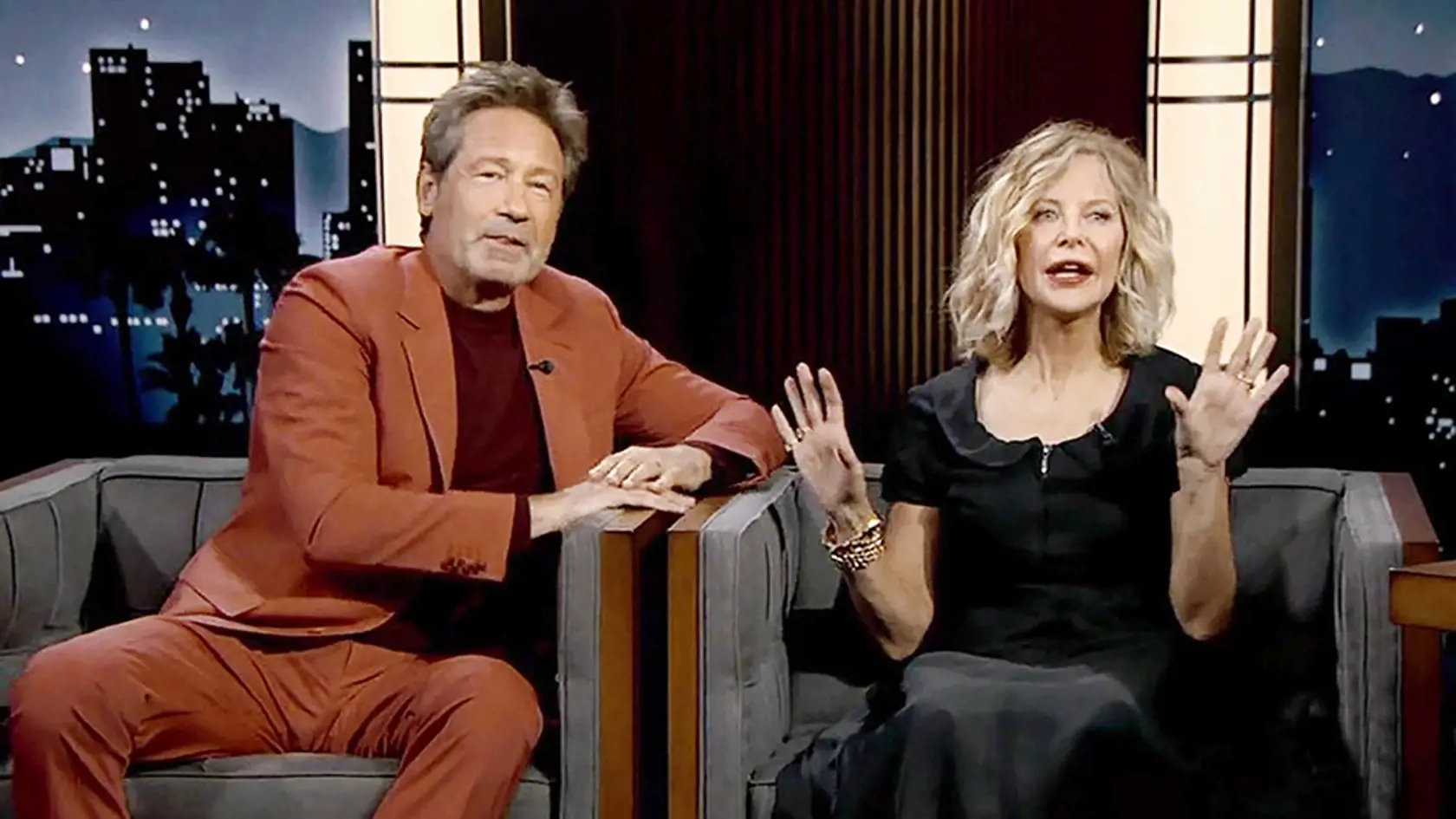 Meg a Duchovny predstavujú nový film What Happens Later u Jimmy Kimmel Live! Ich umelé tváre doslova strašia!