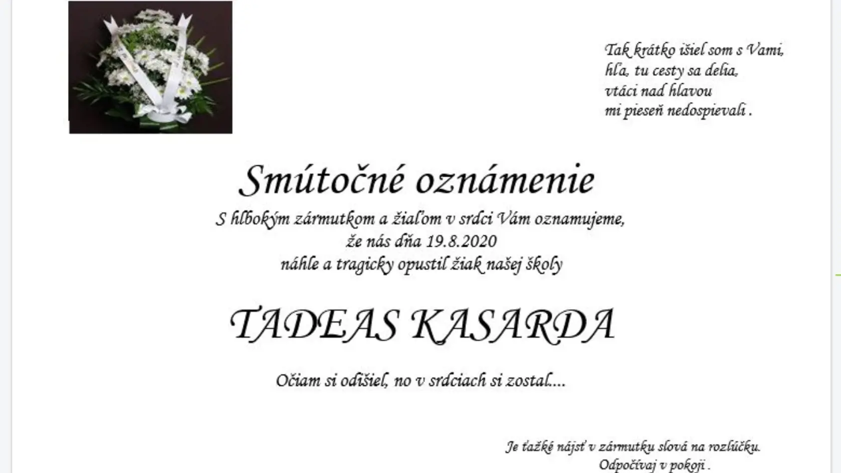 Smútočné oznámenie na jednom z webovej stránke školy.