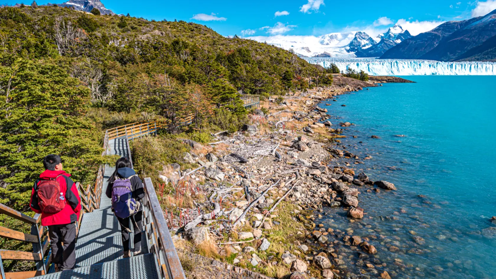 Two hikers and walking path at Lago Argentino near huge Perito Moreno glacier in Patagonia in golden Autumn, South America, sunny day, blue sky