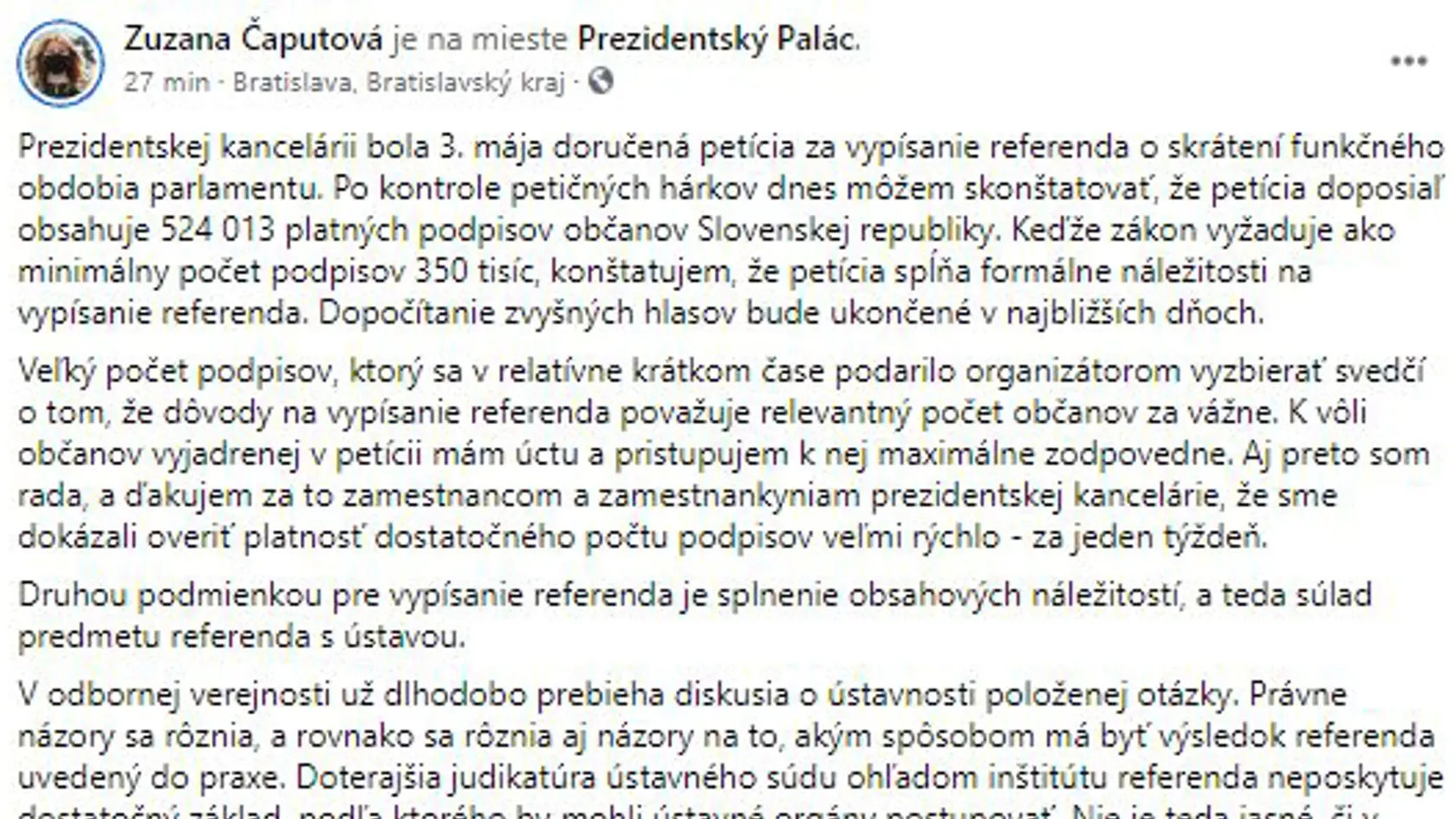 Prezidentka Zuzana Čaputová vysvetlila dôvody, pre ktoré sa rozhodla referendum vypísať, ale až po rozhodnutí Ústavného súdu. Časť 1 zo 4.