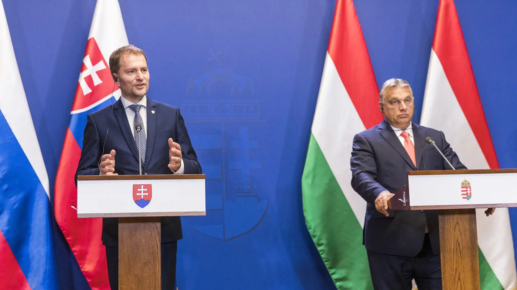 na snimke  - Viktor Orbán predseda vlády Maďarska a Igor Matovič predseda vlady SR  na stretnutí v BUDAPEŠŤI