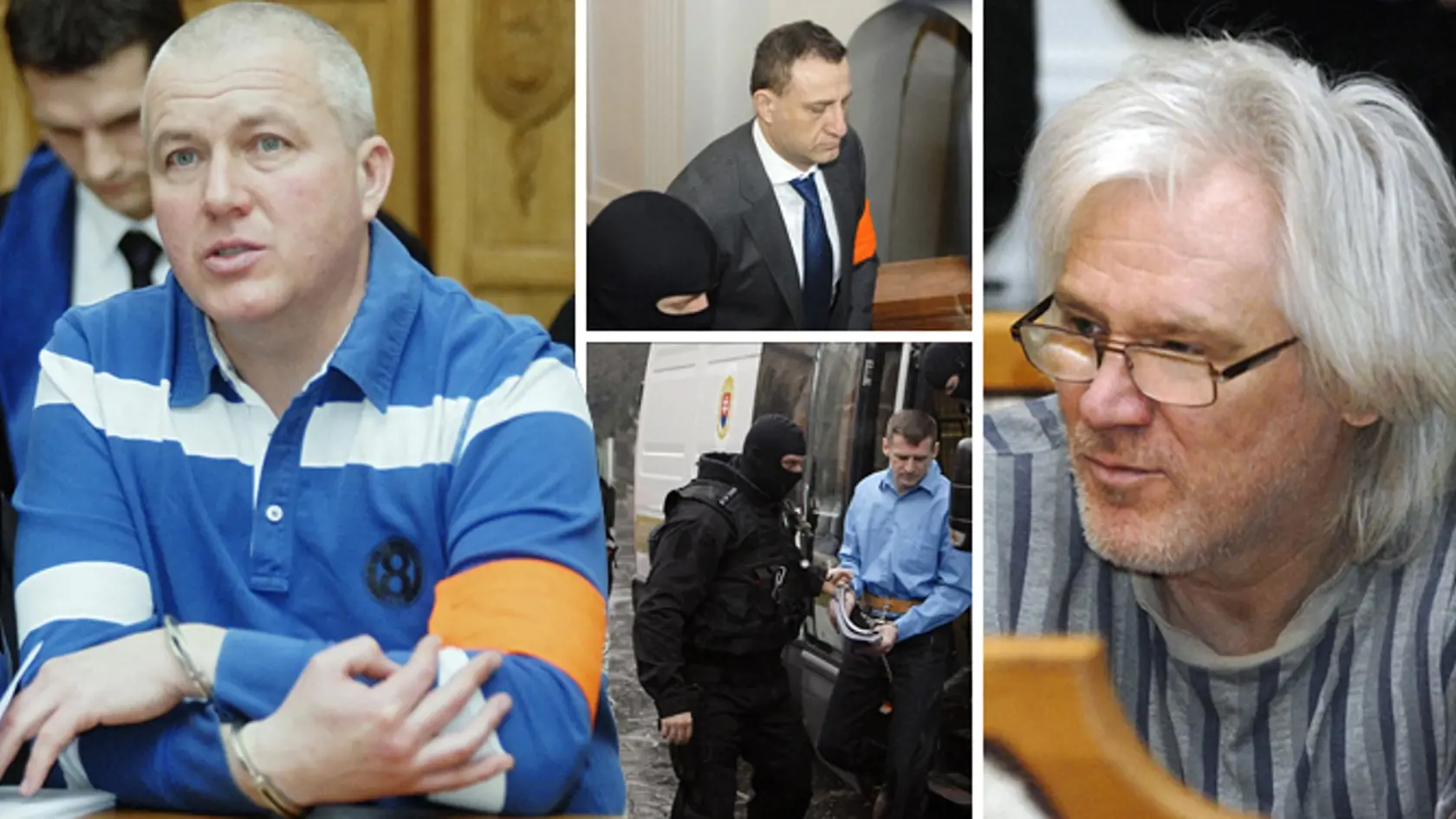Do súdnej siene v Banskej Bystrici eskorta kukláčov priviezla štvoricu obžalovaných: Alojza Kromku zvaného Čistič, Ivana Cuppera prezývaného Vincko, Martina Kováča alias Rybičku a podnikateľa Marka Trajtera.