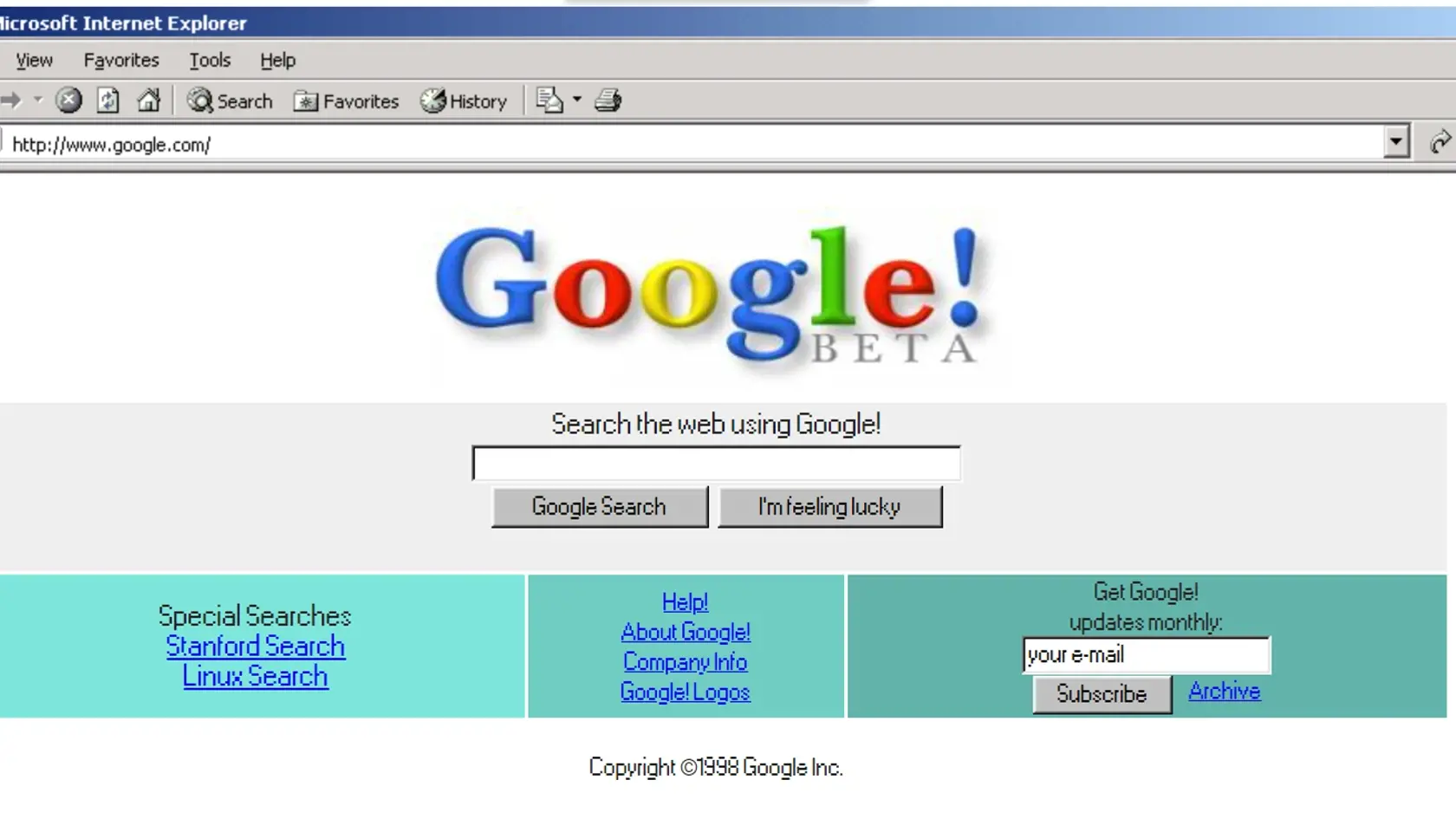 Takto vyzerala stránka Google v roku 1998.
