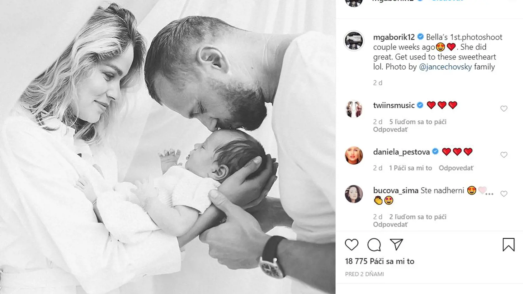 Rodinka absolvovala prvé spoločné fotenie. Gáboríkovci sa postavili pred fotoaparát a ústrednou postavou bola práve niekoľkotýždňová dcérka. „Belline prvé fotenie len po pár týždňoch. Bola skvelá,“ napísal Gáborík na sociálnej sieti k záberu z fotenia.
