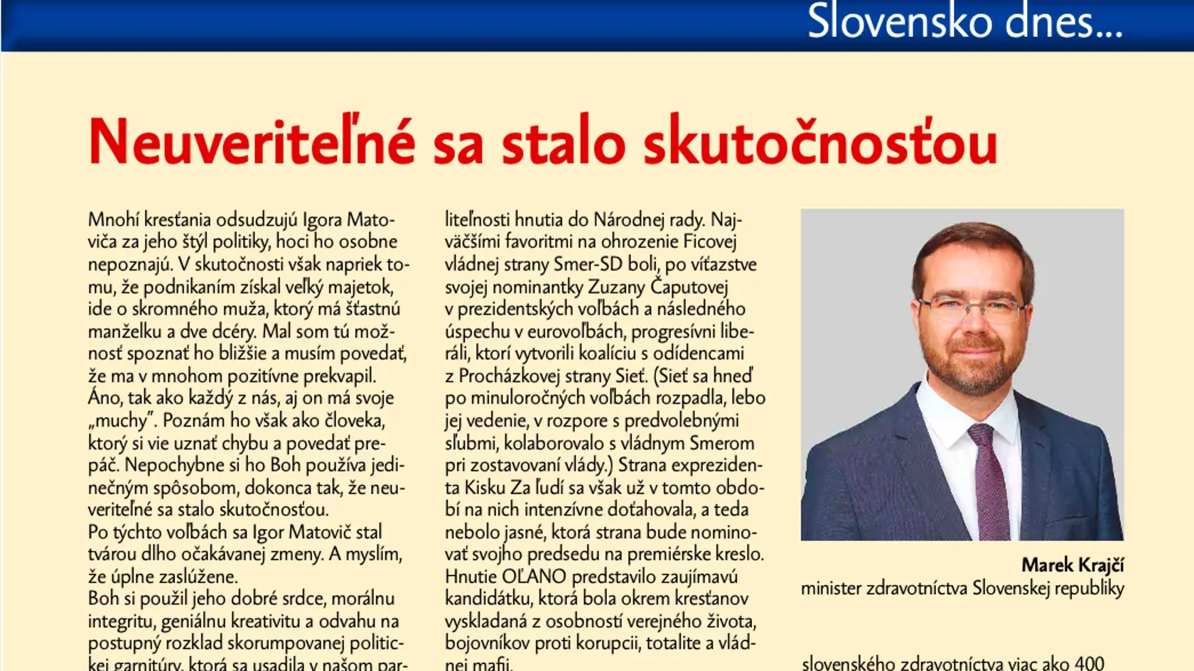 Článok v mesačníku Rozsievač, ktorého autorom je minister zdravotníctva Marek Krajčí