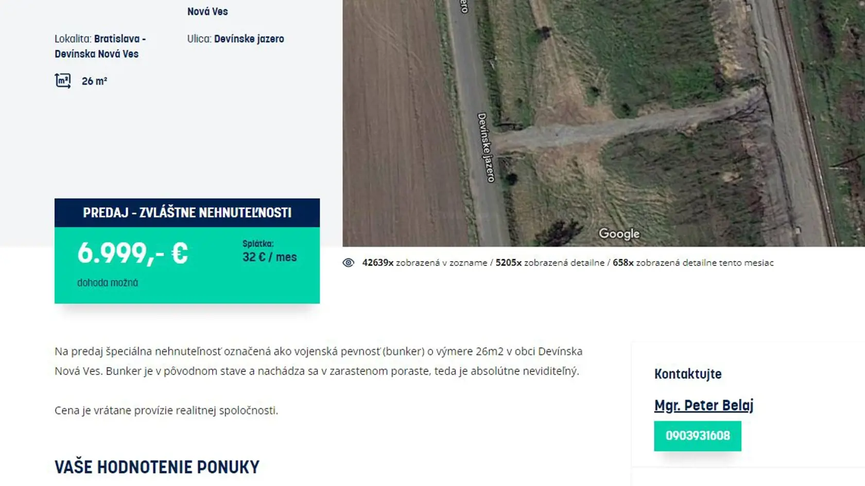 Bunker v Devínskej Novej Vsi vo veľkosti garsónky je na predaj.