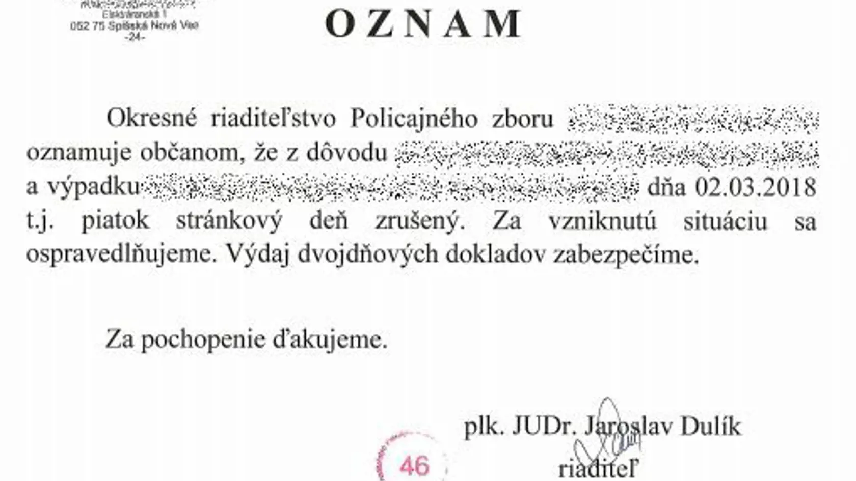 Oznam polície. 