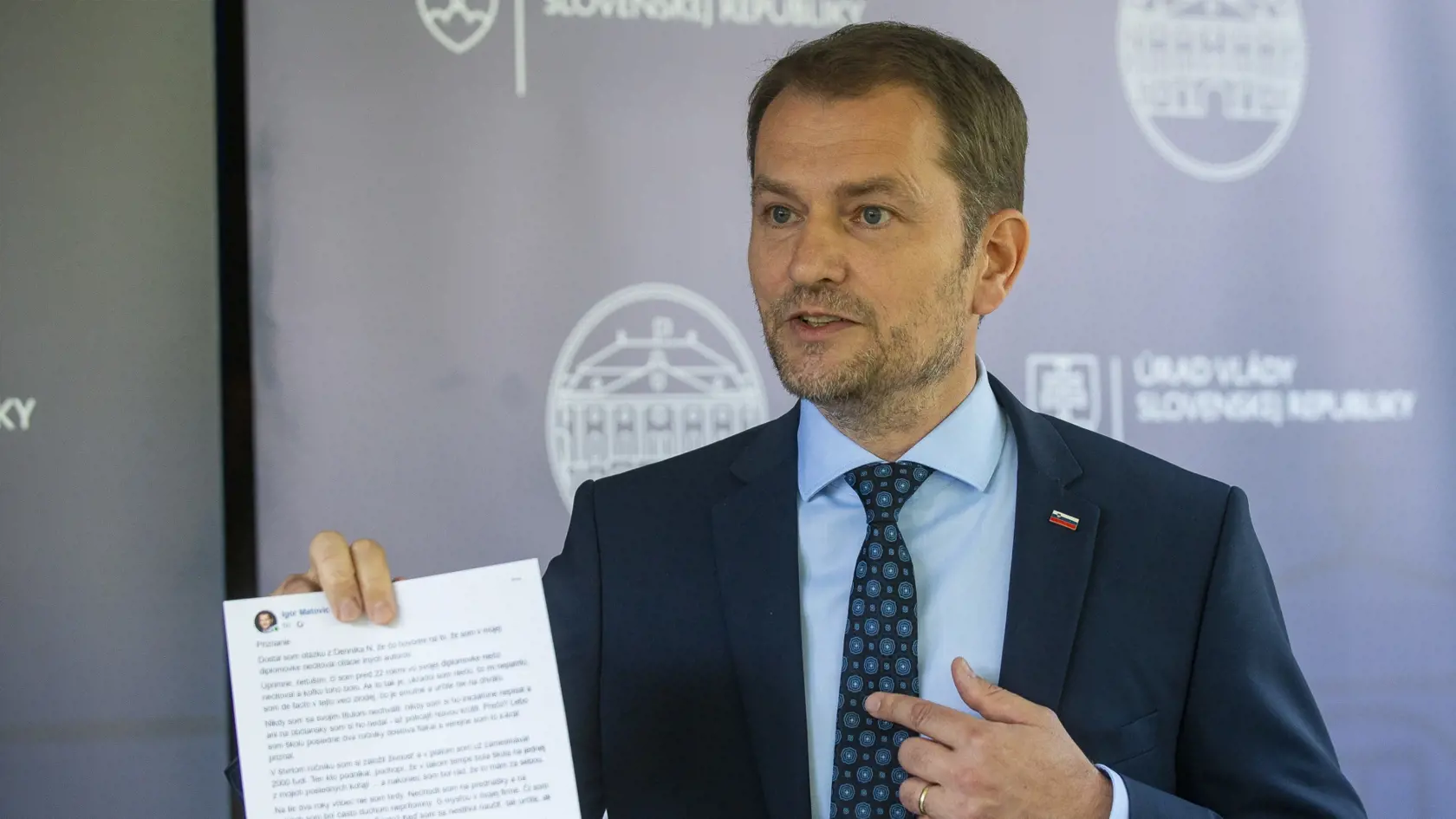 Na snímke predseda vlády SR Igor Matovič počas tlačovej konferencie ohľadne svojej diplomovej práce 22. júla 2020 v Bratislave.