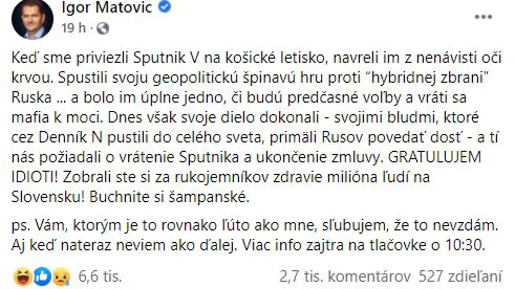 Matovič poslal z Moskvy štipľavý odkaz.