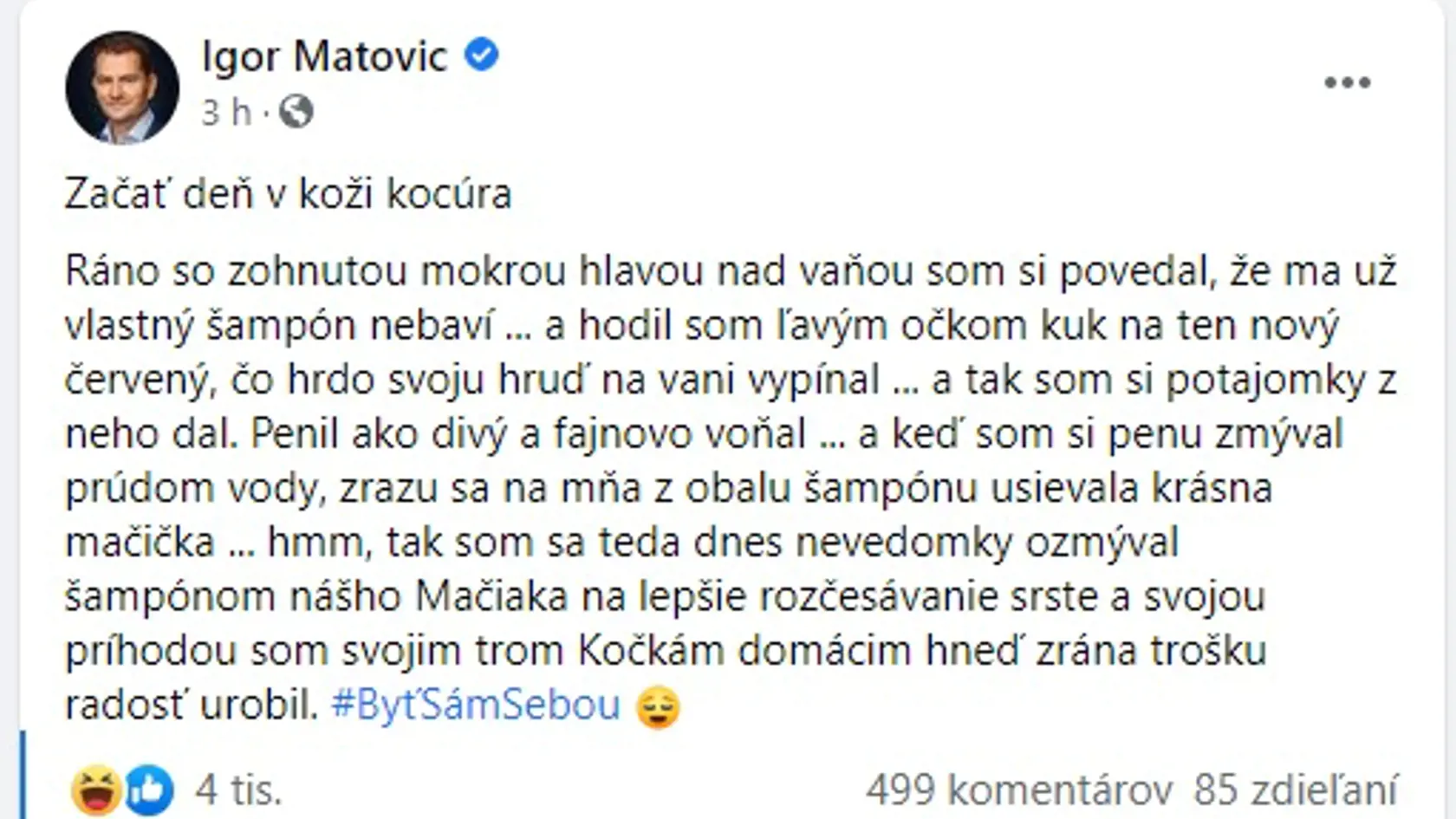 Minister financií zverejnil vtipnú príhodu o tom, ako si umyl vlasy šampónom pre mačky. Ľudia reagovali.