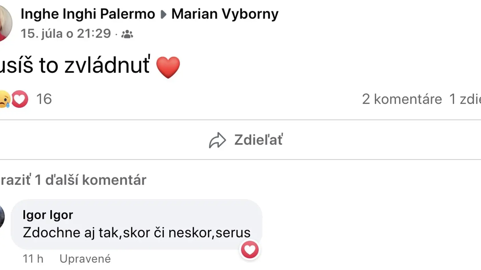 Mariánova sestra mu napísala na sociálnu sieť podporné slová.